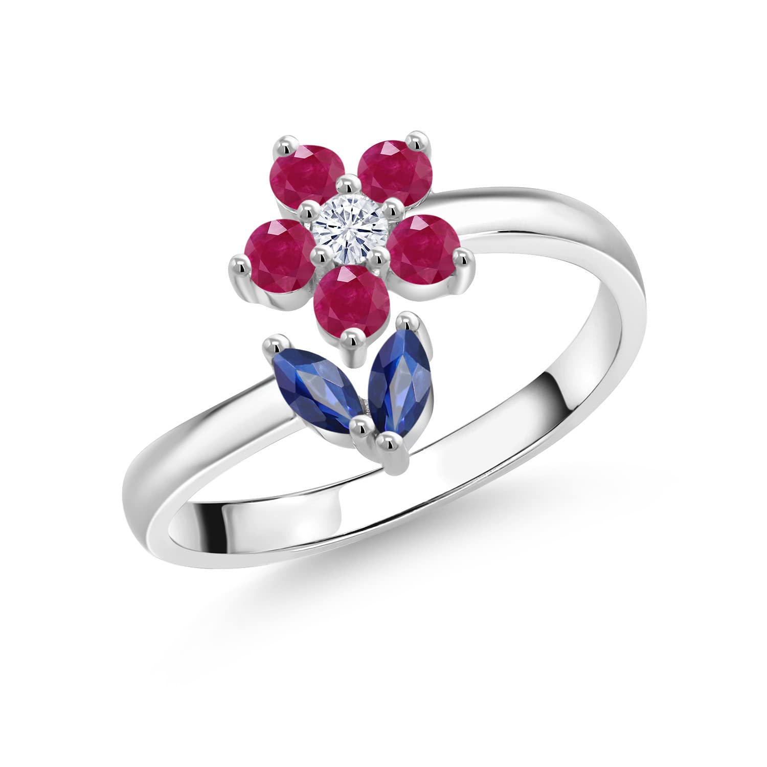 0.56 Ct Marquise Blue Sapphire & Red Ruby 925 Sterling Silver Flower Open Ring for Women | Gem Stone King Keren Hanan | Elegant Jewelry for Weddings, Anniversaries & Special Occasions