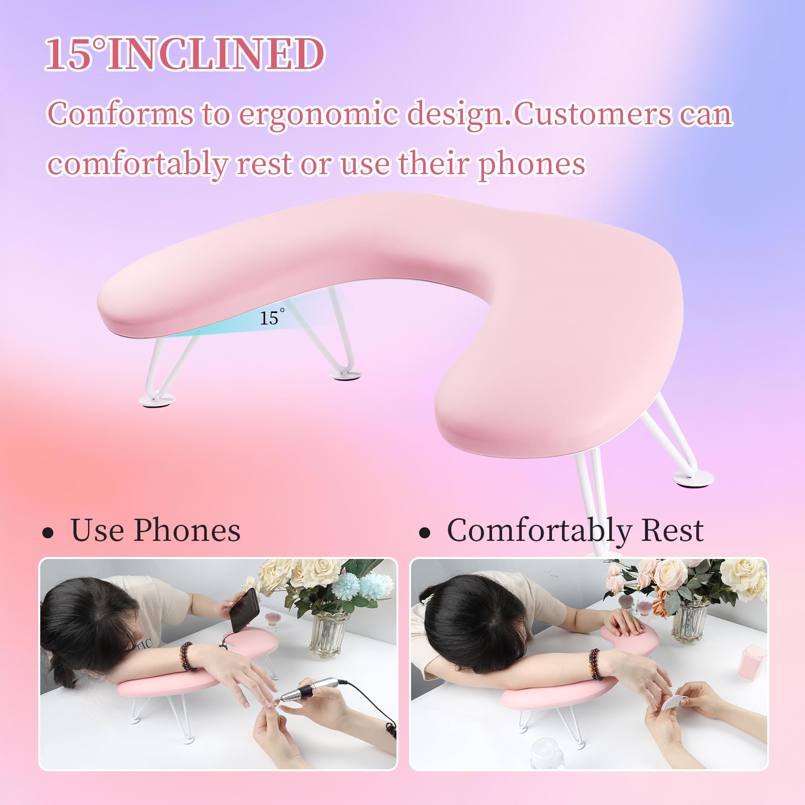 ANGNYA U-Shaped Nail Tech Arm Rest - Microfiber PU Leather Hand Rest Pillow with Detachable Brackets for Acrylic & Gel Nails - Perfect for Salon Professionals & Home Manicures (Pink)