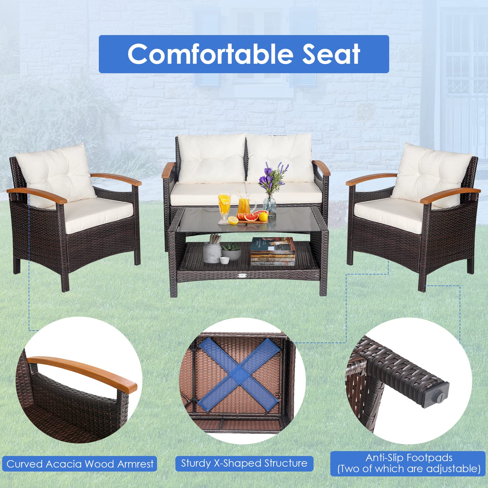 HAPPYGRILL 4-Piece Outdoor Patio Furniture Set - Rattan Sectional Sofa with Soft Cushions & Coffee Table, Wicker Conversation Set with Acacia Wood Armrests - Perfect for Poolside, Garden, Backyard, Deck & Patio Relaxation