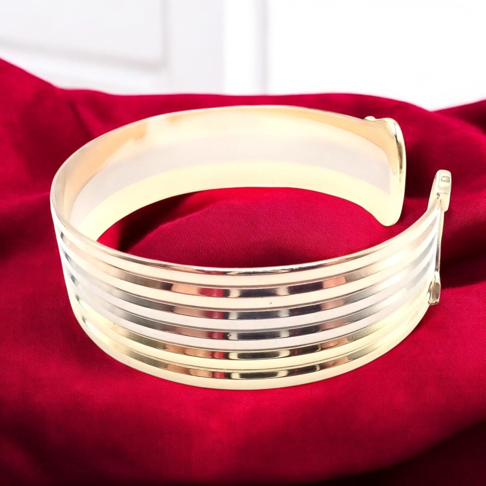 Authentic Cartier 18k Tri-Color Gold Double C Wide Cuff Bangle Bracelet for Women - Luxury Jewelry Gift for Anniversary, Birthday & Special Occasions