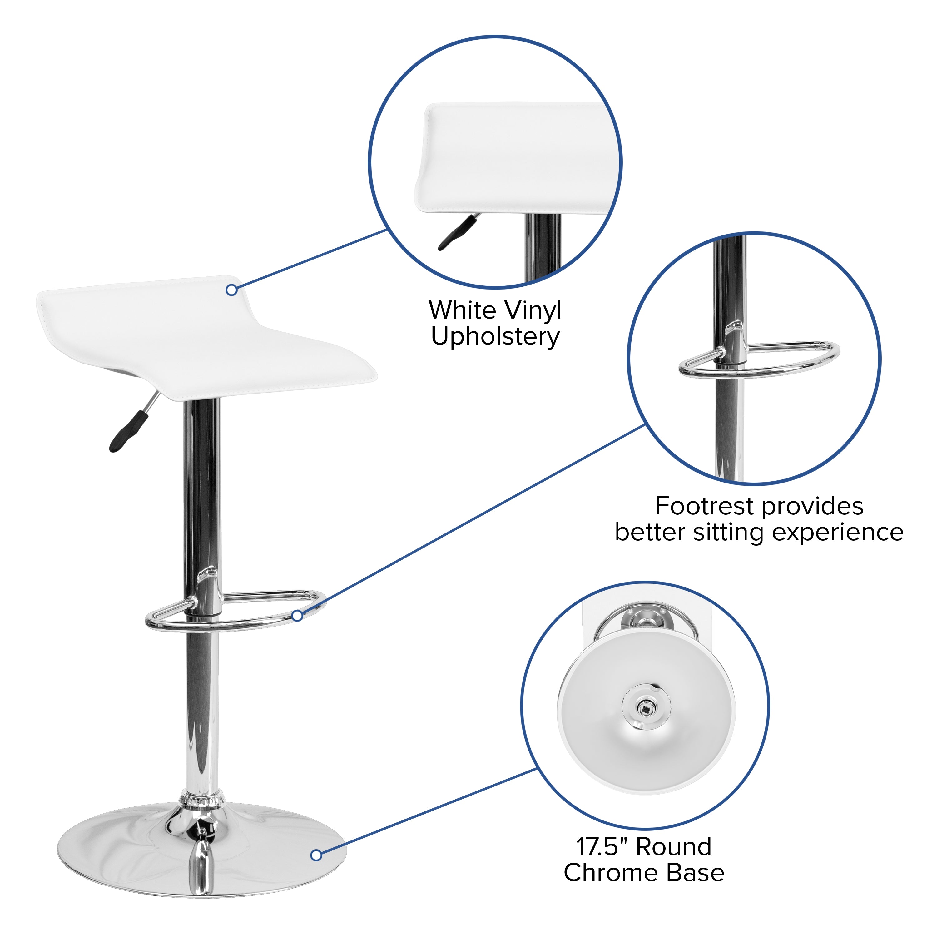 FLASH Dax Contemporary White Vinyl Adjustable Height Bar Stool with Solid Wave Seat & Chrome Base - Perfect for Kitchen Islands, Breakfast Bars & Modern Home Decor