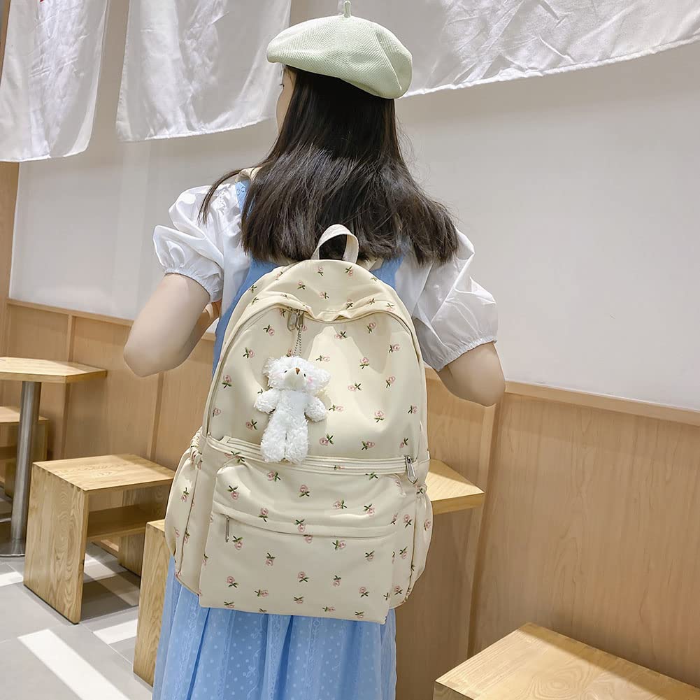 Cute Floral Print Aesthetic Backpack for Women - Large Capacity Kawaii Backpack with Plush Pendant - Stylish Travel Backpack for School, Work & Casual Outings