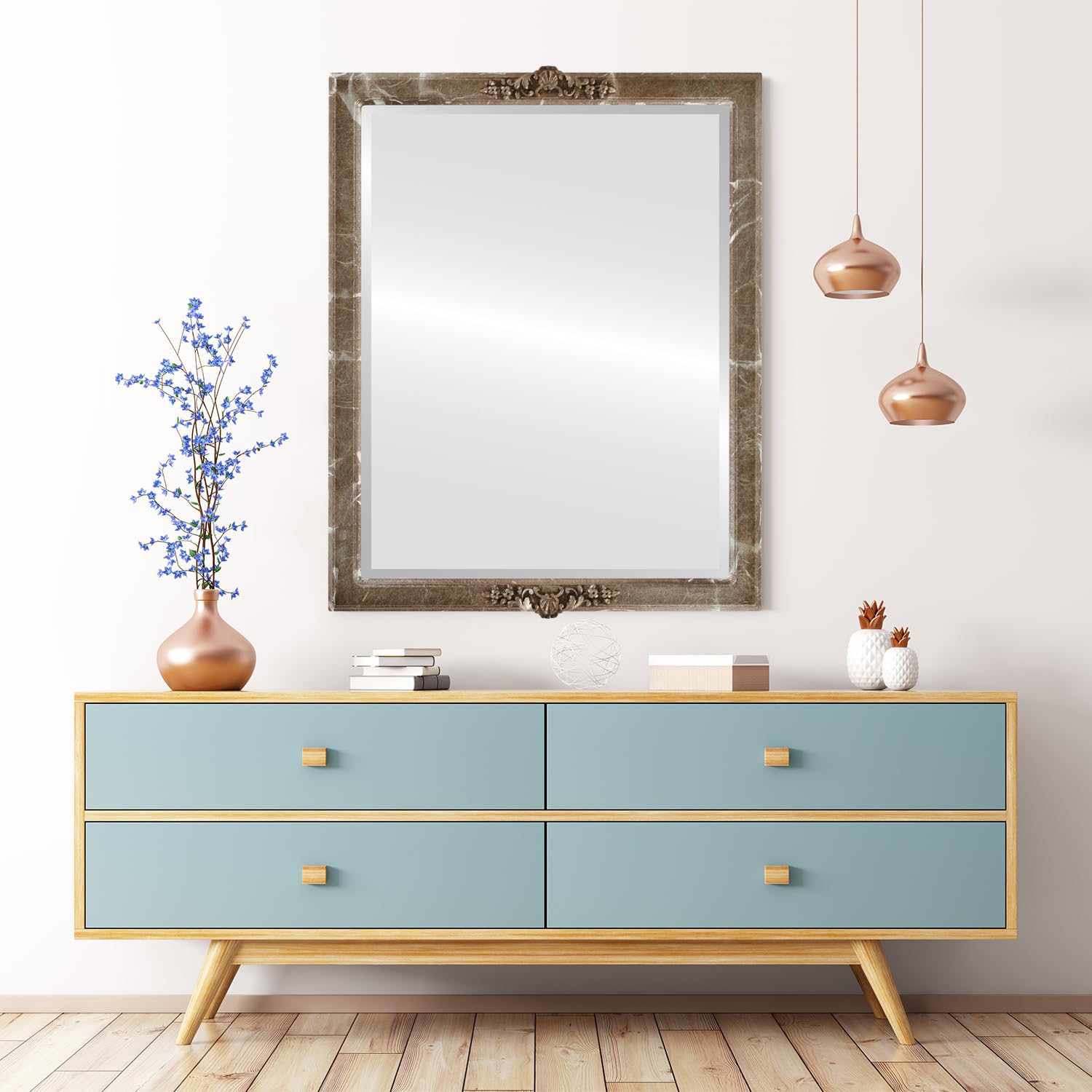 Ovalcrest Rectangle Beveled Wall Mirror - 18x22 Inches Champagne Silver Athena Style Decorative Mirror for Living Room, Bedroom & Entryway Decor