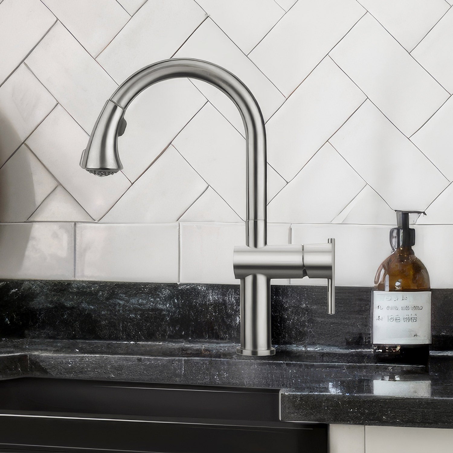 Lead-Free Solid Stainless Steel Single Hole Kitchen Faucet with Gooseneck Swivel Spout & Pull-Down Sprayer - Perfect for Modern Farmhouse, RV, and Small Space Sinks
