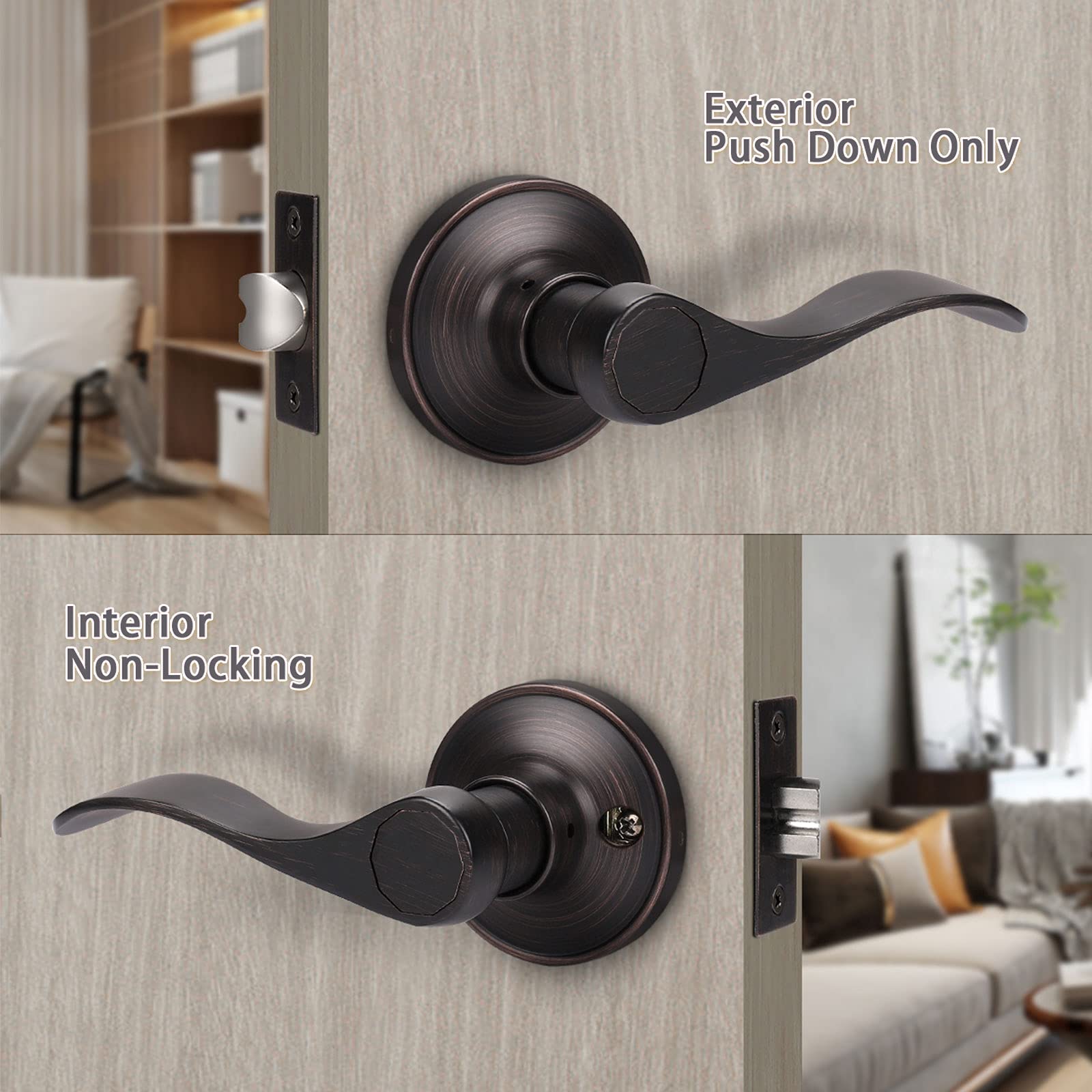 KNOBWELL 3-Pack Non-Locking Door Lever Set - Oil Rubbed Bronze for Hallway & Closet - Reversible Left/Right