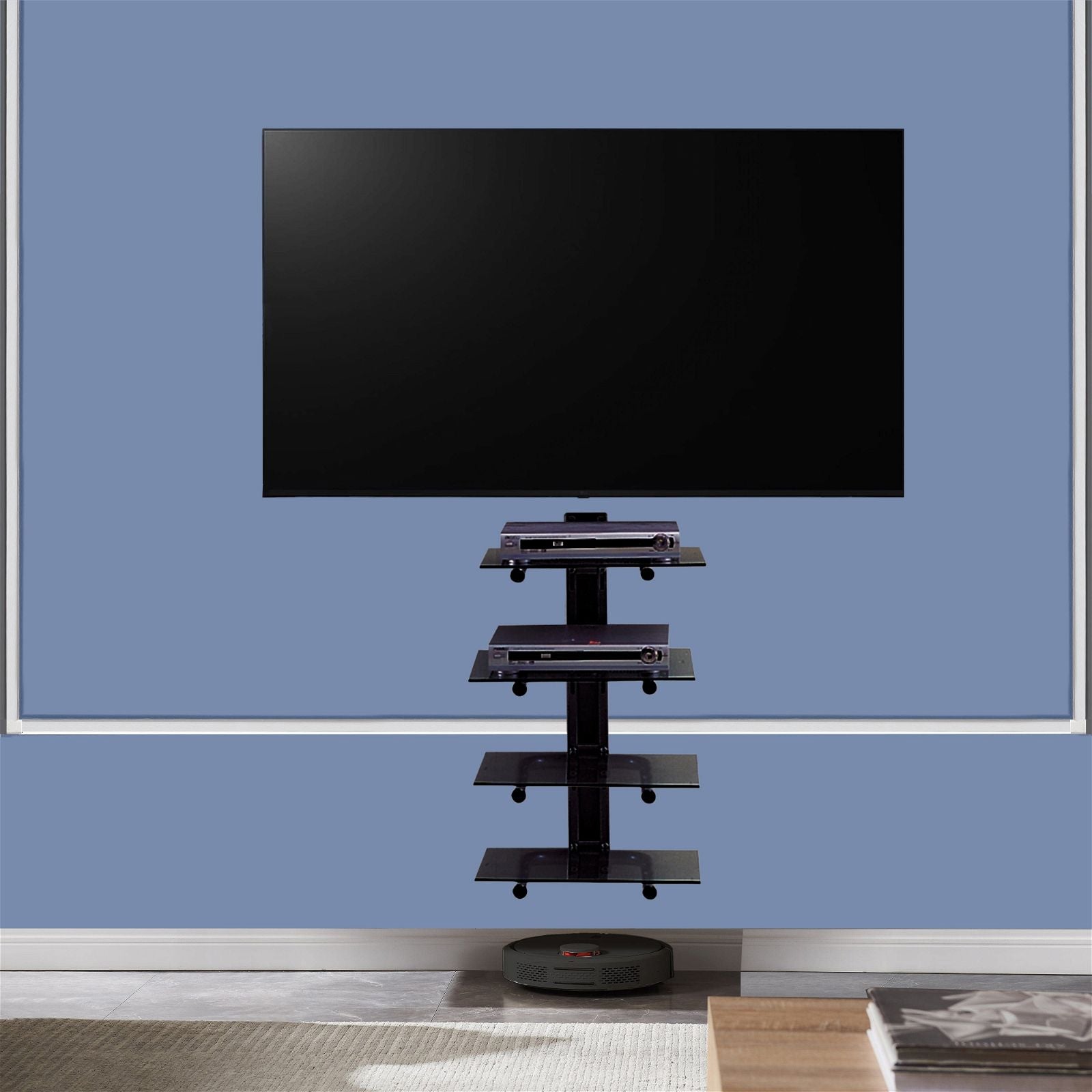 Black Wall Mount 4-Shelf Component Storage Unit with Cable Management - Perfect for Garage, Workshop & Home Organization