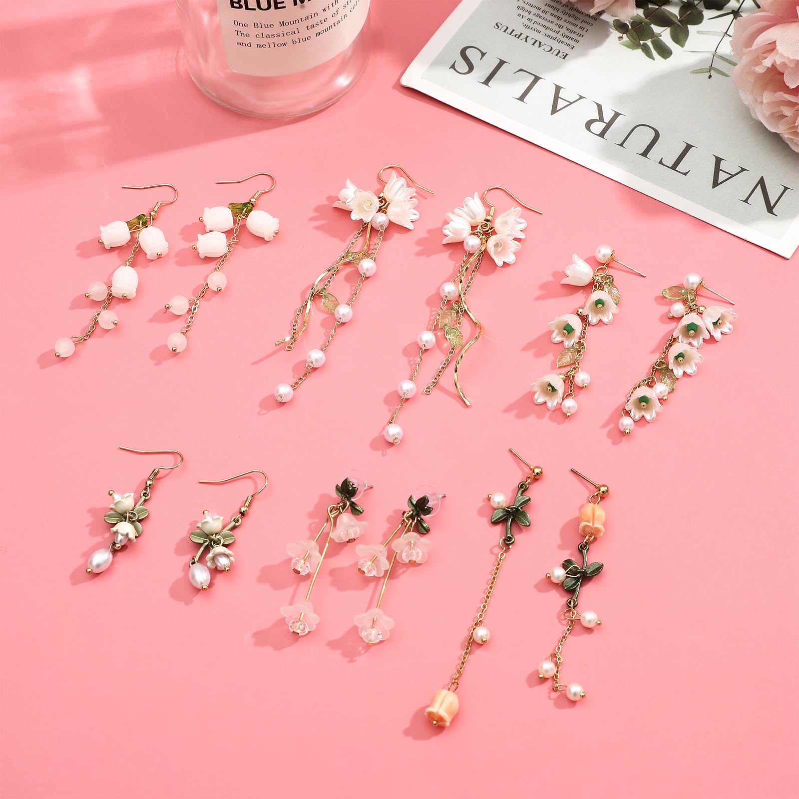 NEWITIN 6 Pairs Floral Earrings for Women - Hypoallergenic Pearl Leaf Tassel Dangle Earrings | Elegant Statement Jewelry for Parties, Weddings & Everyday Wear
