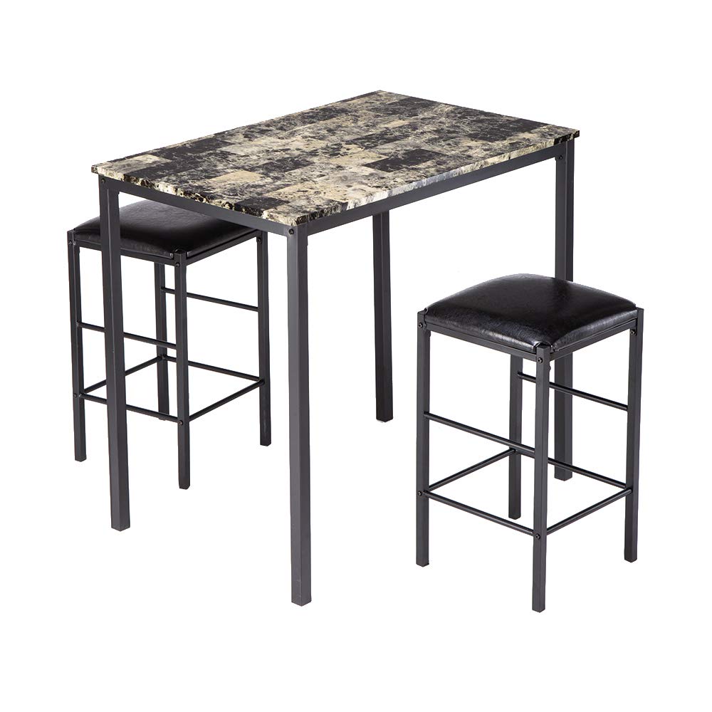 90 x 60 x 82 cm Black Marble High Dining Table Set with 2 Chairs & Cushions - Modern 3-Piece Kitchen & Breakfast Nook Furniture for Small Spaces
