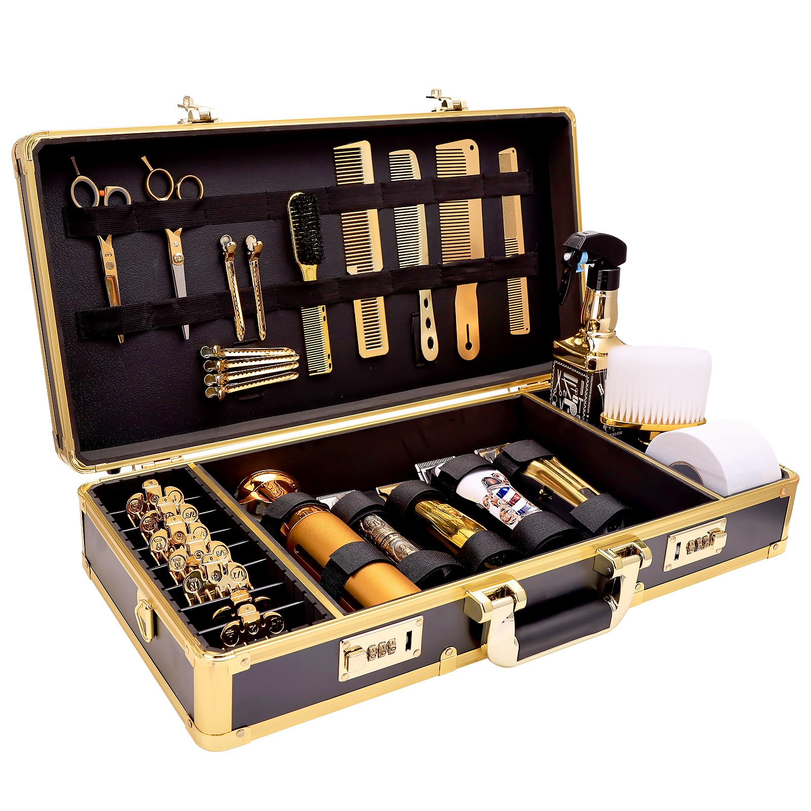 GYKLE Professional Barber Case for Clippers & Tools - Portable Hairdressing Storage Organizer with Handle & Secure Numlock - Travel-Friendly Gold Barber Supply Case for Salon, Home & On-the-Go Stylists