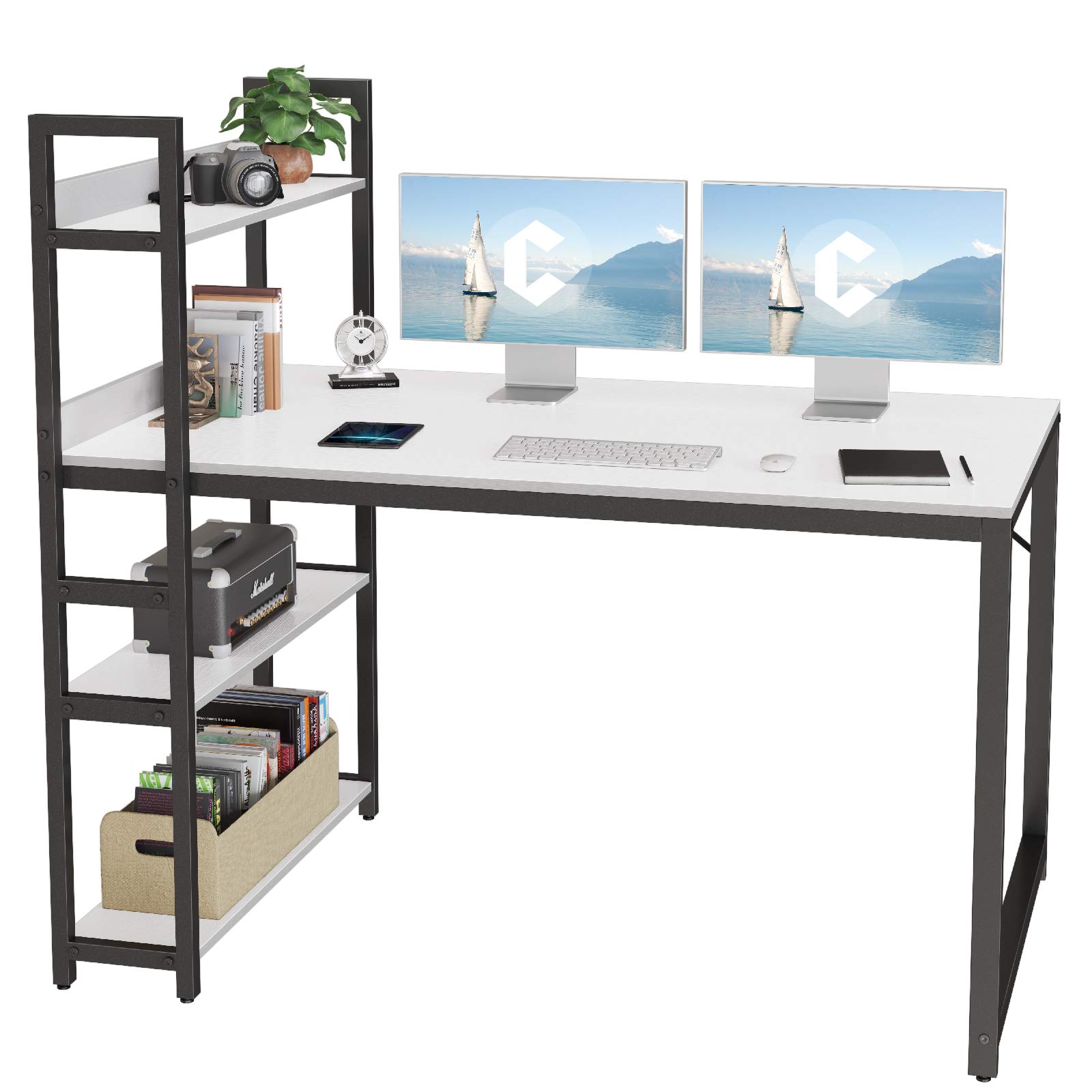 Cubicubi 55 Inch Modern Computer Desk with Storage Shelves, Study Writing Table for Home Office - Simple Style White Desk for Small Spaces, Gaming & Workstation Setup