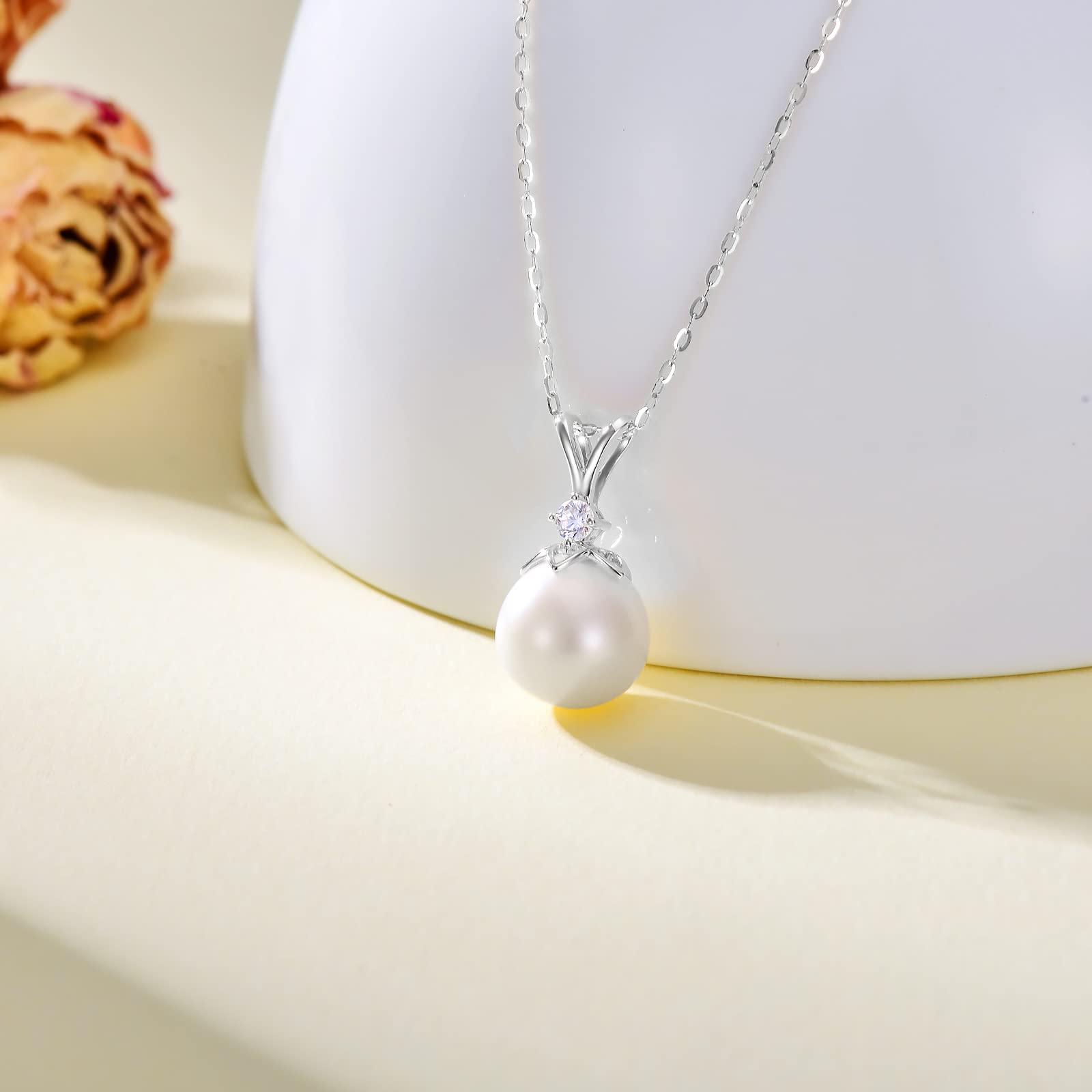 14K Gold Plated Diamond Necklace for Women - Sterling Silver 9mm Freshwater Pearl Pendant Jewelry Gift - Elegant Necklace for Wedding, Anniversary, Birthday & Special Occasions