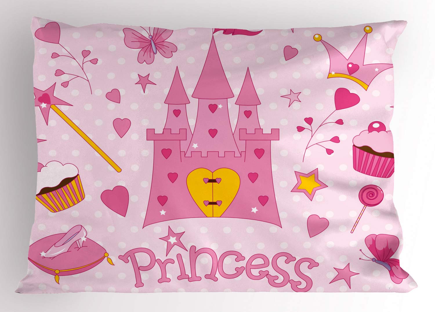 Ambesonne Cartoon Tiara Slippers Castle Butterfly Heart Lollipop Wand Cupcake Printed Pillow Sham | Standard Size 26
