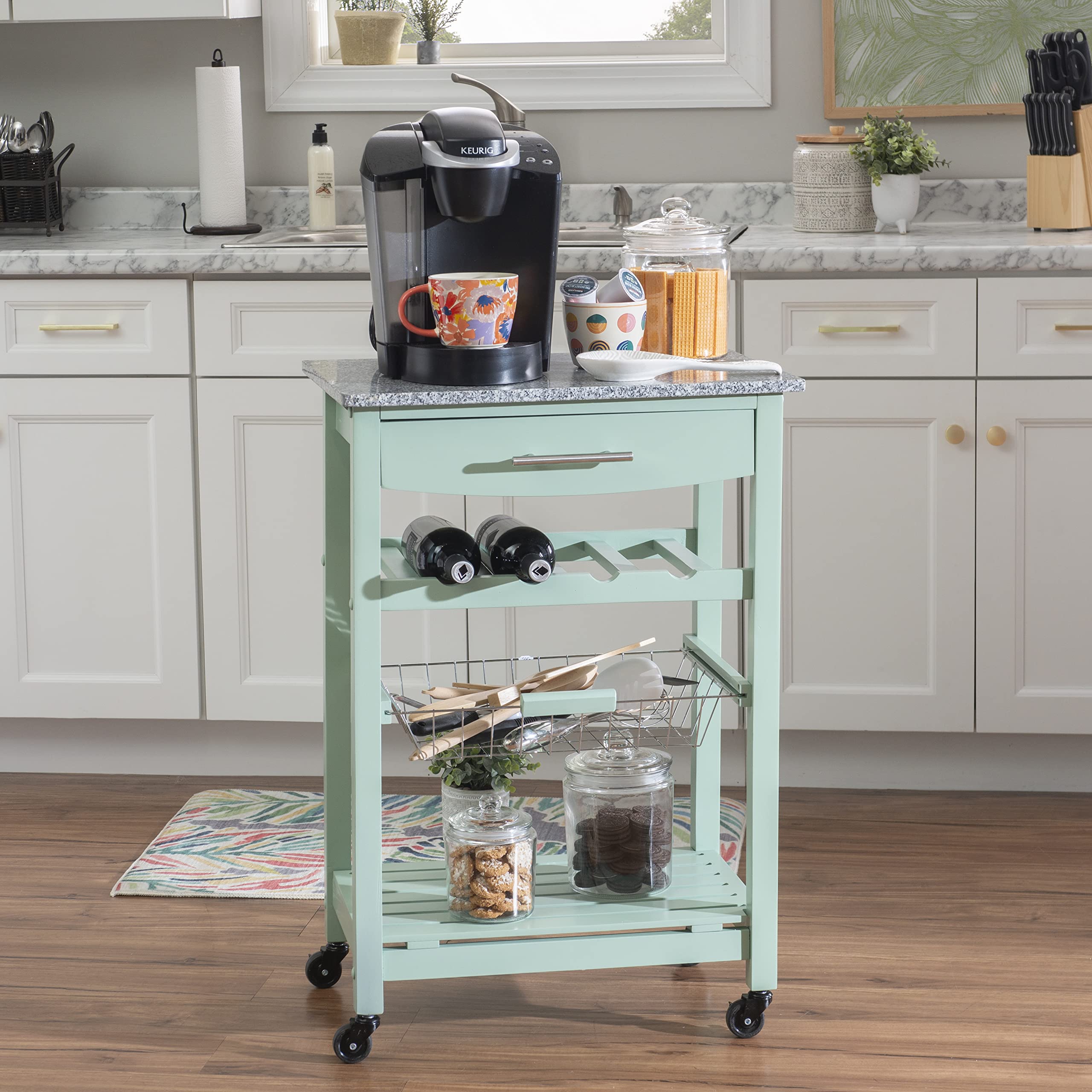 Linon Kitchen Island Cart with Storage, Green, 15.75 x 22.83 x 33.86 Inches - Mobile Kitchen Organizer for Small Spaces, Prep Station & Extra Countertop Storage