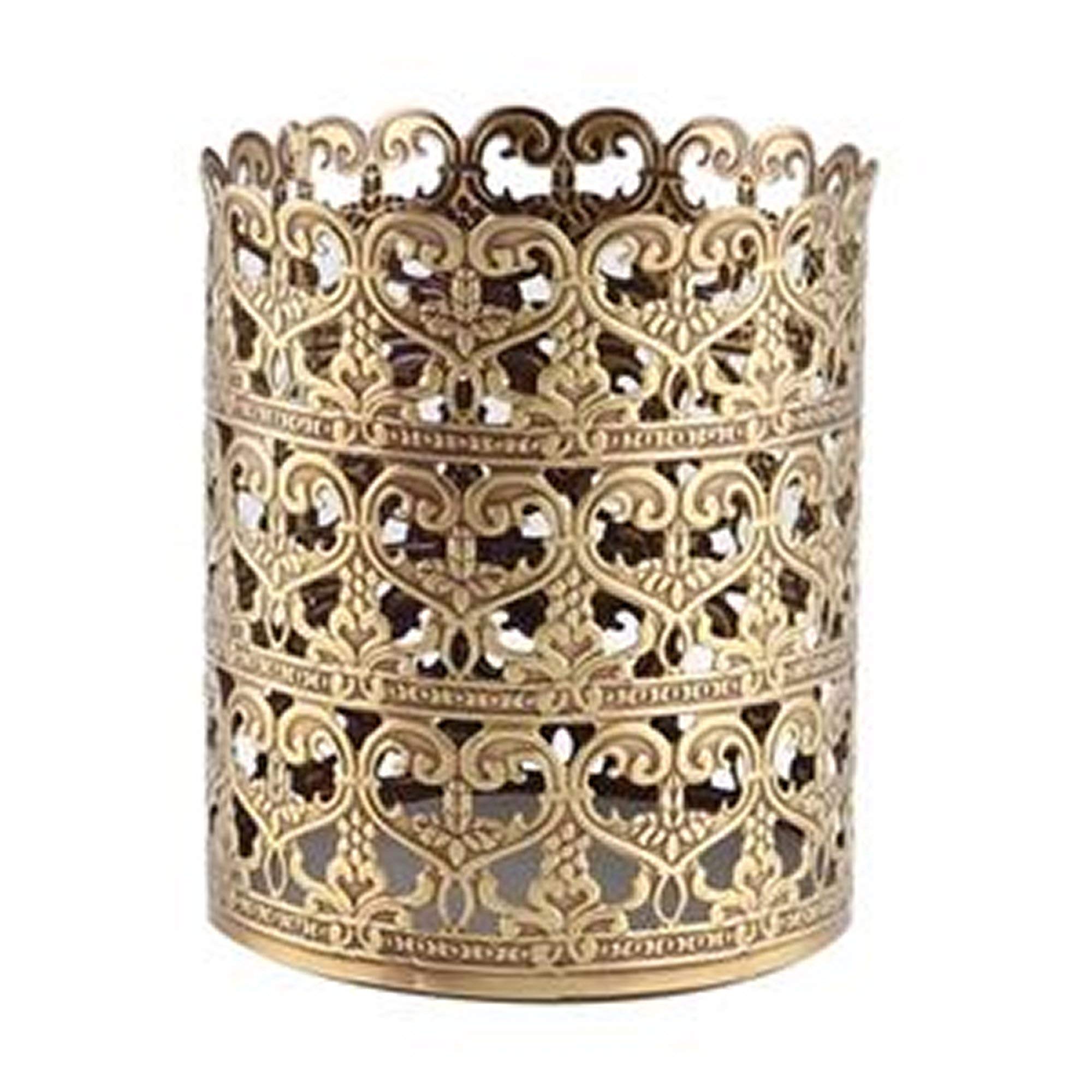 Vintage Brass Heart Pattern Makeup Brush Holder - Medium Size Antique Vanity Organizer for Cosmetics & Beauty Tools | Perfect for Dressing Tables, Bathroom Countertops & Travel Makeup Kits