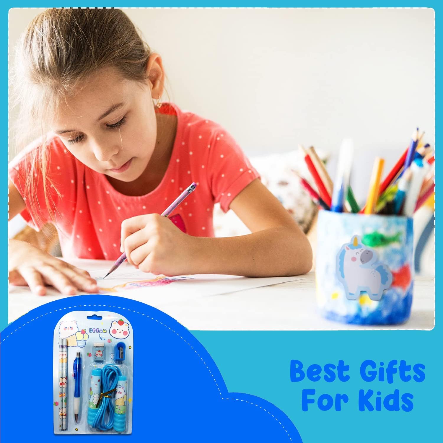 WingsCreations Kids Birthday Return Gifts - 6 Piece Blue Stationery Set with Pen, Pencil, Sharpener, Eraser & Jump Rope | Perfect for School Supplies, Party Favors & Children's Gift Ideas