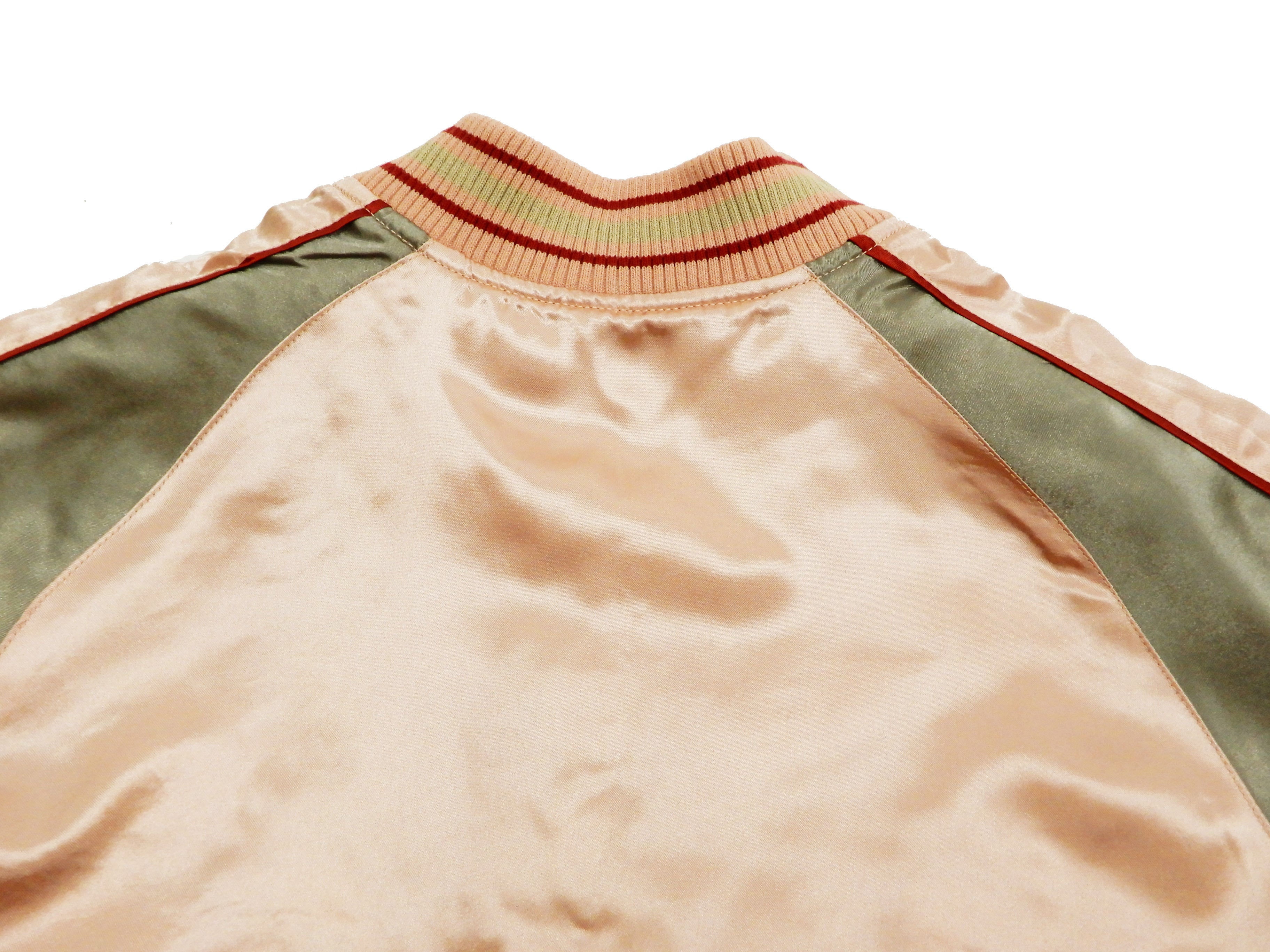 Japanese Souvenir Jacket for Men - Butterfly & Cherry Blossom Sukajan Bomber (3RSJ 040 Pink/Beige) - Vintage Asian Streetwear for Casual Outfits & Festival Fashion
