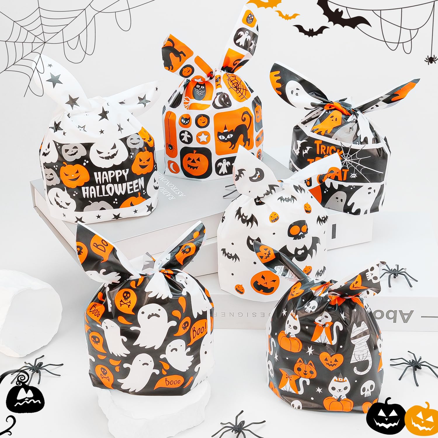 100Pcs Halloween Treat Bags for Kids - 6 Styles Cute Rabbit Ear Plastic Goodie Bags for Trick or Treat, Party Favors & Candy Gifts | Perfect for Halloween Parties, Classroom Treats & Neighborhood Trick-or-Treating