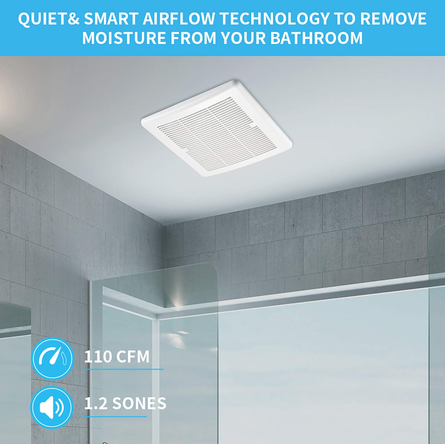 Tech Drive Ultra Quiet 110 CFM Bathroom Exhaust Fan with Humidity Sensor & Timer - 1.2 Sone In-Wall Ventilation Fan for Home, White | Perfect for Bathrooms, Kitchens & Laundry Rooms