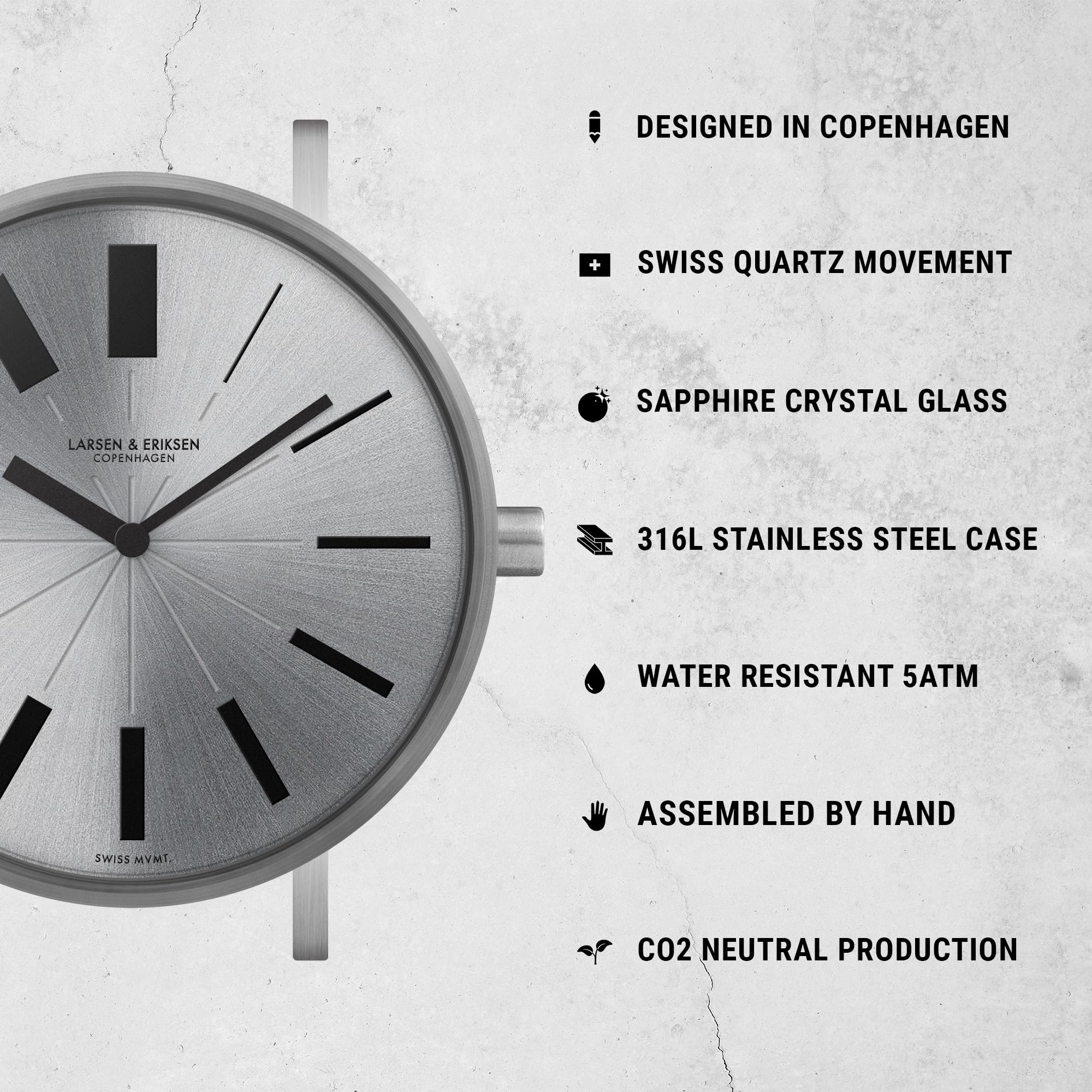 Larsen & Eriksen Evolution Men's Minimalist Analog Quartz Watch - 45mm Silver Case - 5ATM Water Resistant - Swiss Made Danish Design Handcrafted Wristwatch for Business, Casual & Formal Occasions
