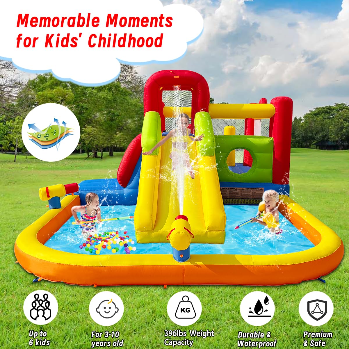 **Inflatable Bounce House with Water Slide for Kids - Double Cannon, Splash Pool, 2 Climbing Walls & Obstacles - Blow Up Jumping Castle with Blower - Perfect for Backyard Parties, Summer Fun & Outdoor Play**