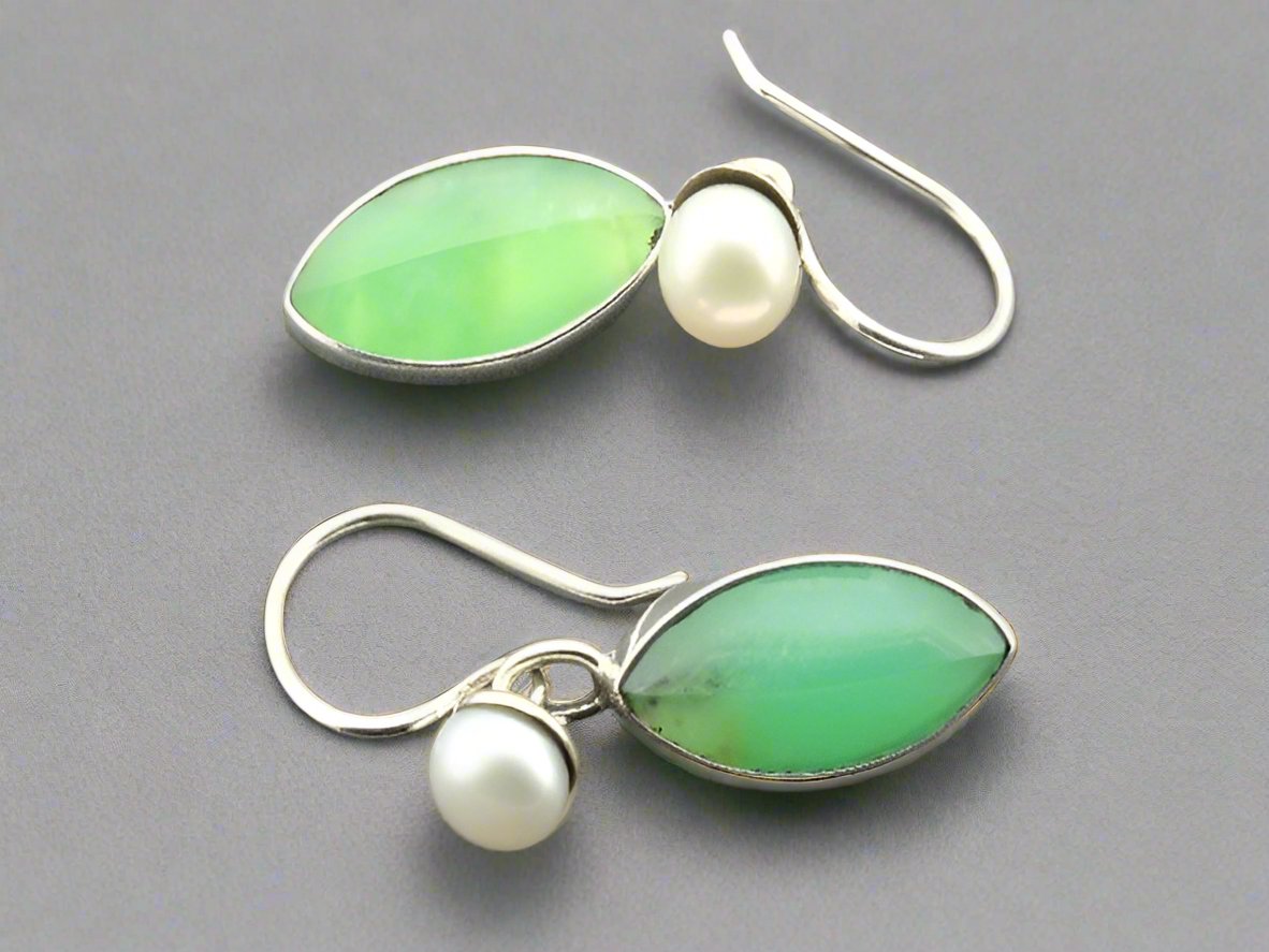 Elegant Almond-Shaped Chrysoprase & Freshwater Pearl Earrings in Sterling Silver - Perfect for Weddings, Parties & Special Occasions