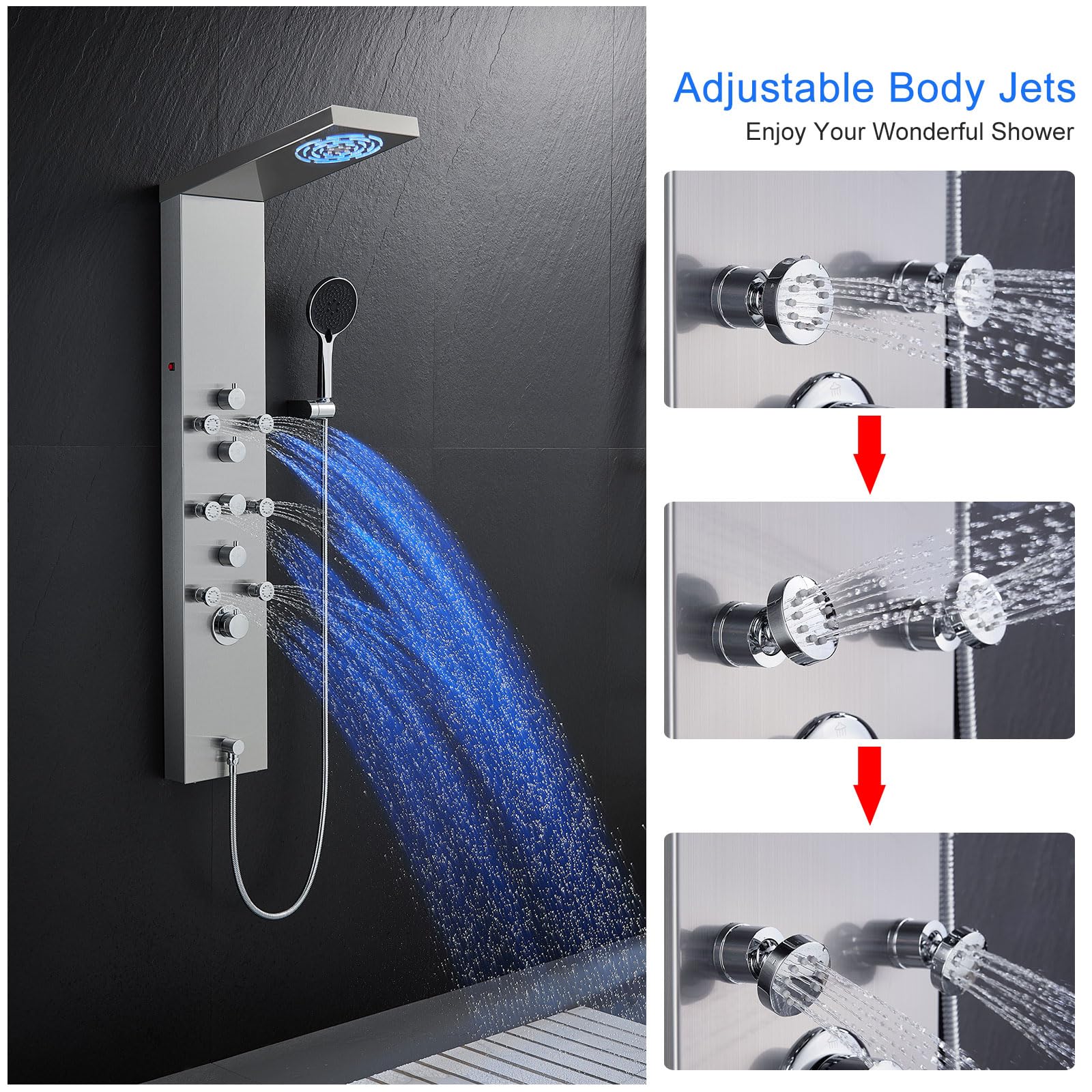 MENATT 4-in-1 LED Shower Panel Tower System with Rainfall Shower Head, Body Massage Jets, Handheld Shower & Tub Spout - Brushed Stainless Steel for Spa-Like Bathroom Experience