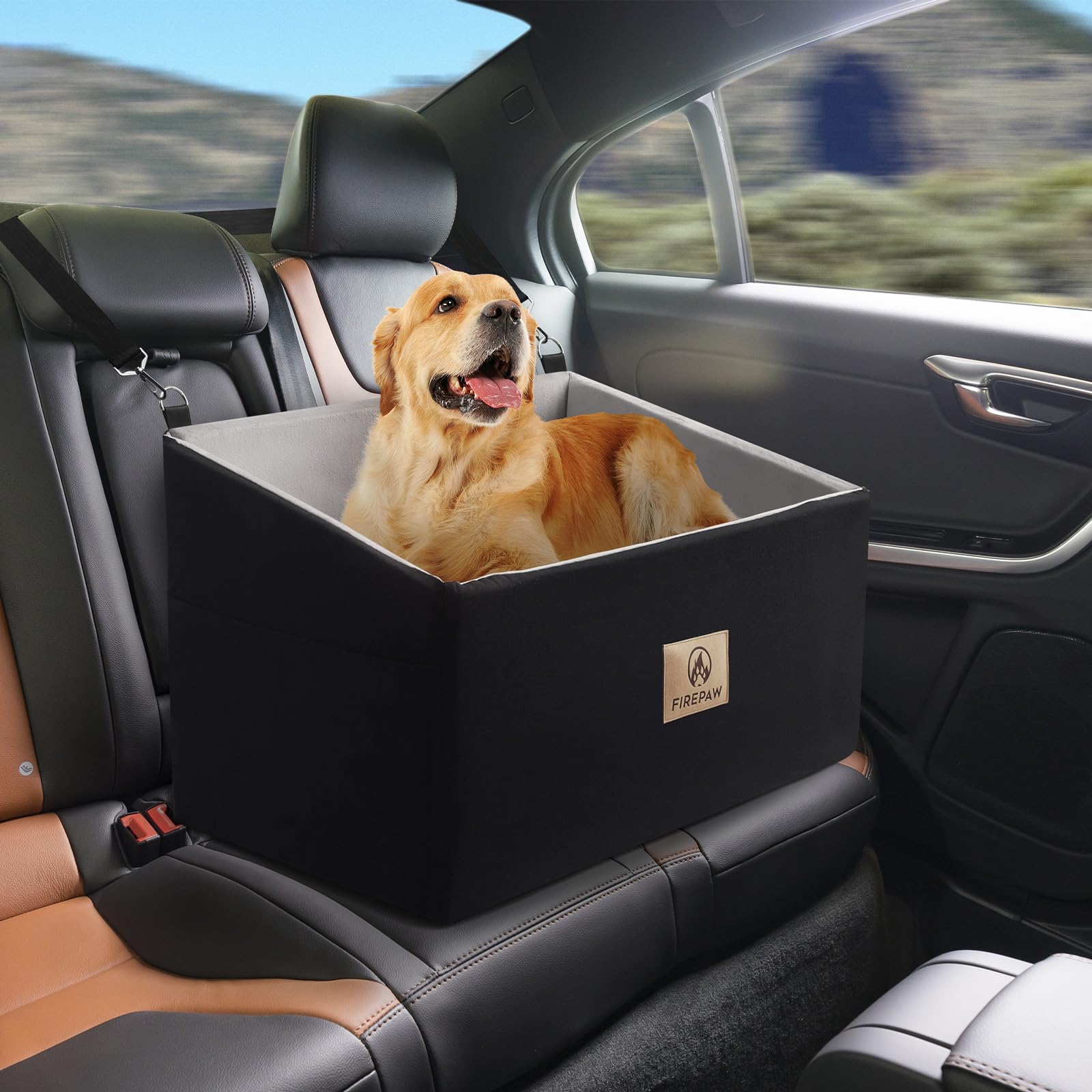 Premium Dog Car Seat for Large Dogs - Elevated Pet Booster Seat for Dogs Under 55Lbs or 2 Small Dogs - Detachable Washable Car Dog Bed with Thick Cushion & Storage Pockets (Black) - Perfect for Road Trips, Vet Visits & Daily Commutes
