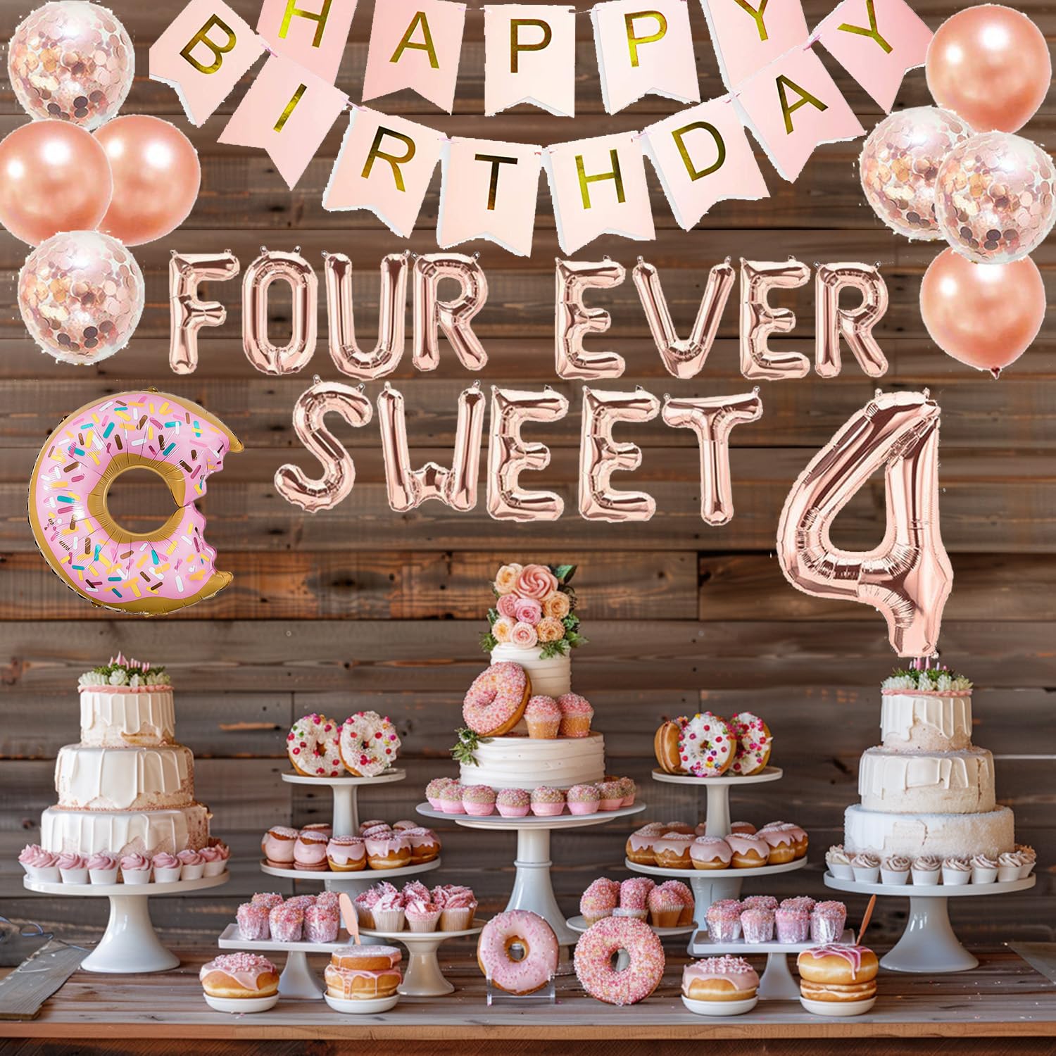 4th Birthday Party Decorations Set - Donut Themed Four Ever Sweet Backdrop, Balloons & Supplies for Girls & Boys | Perfect for 4 Year Old Birthday Celebrations, Classroom Parties & Photo Backdrops