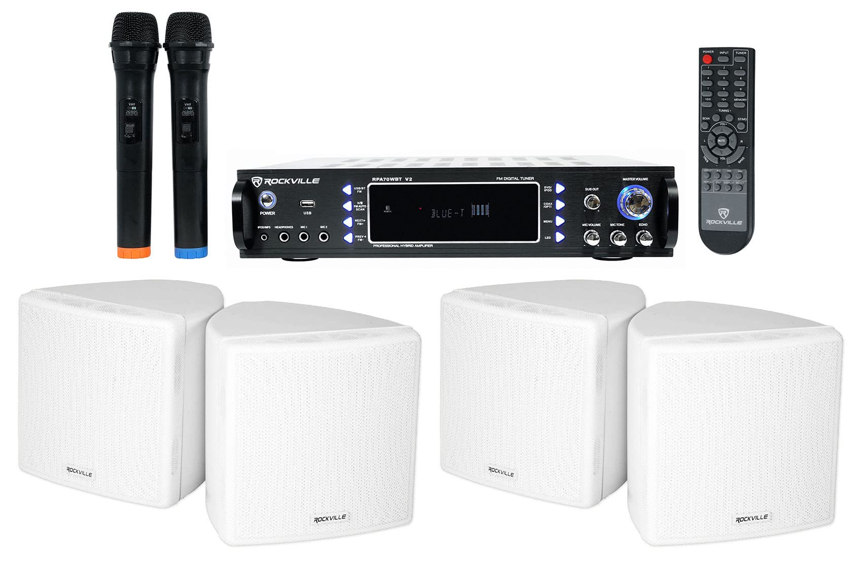Rockville Hybrid Home Theater Karaoke Receiver with Microphones and 4 White 3.5
