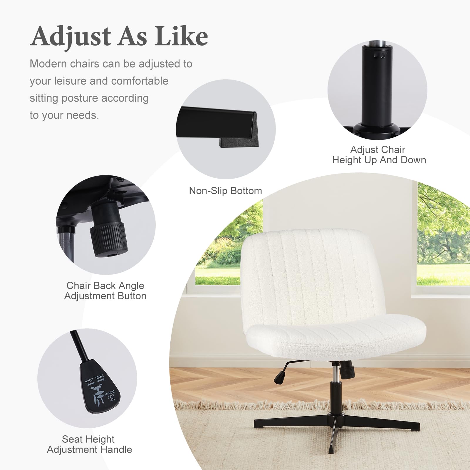 Sweetcrispy Criss Cross Chair Legged Armless Office Desk Chair - No Wheels, Swivel Vanity Chair with Height Adjustable Wide Seat - Modern Fabric Computer Task Chair for Home Office, Dressing Room & Workspace (White)