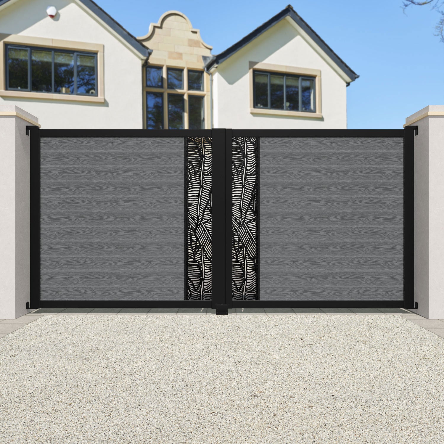 Classic Feather Straight Top Driveway Gate - Mid Grey with Middle Screen | Durable & Stylish Driveway Entrance Solution for Homes & Commercial Properties