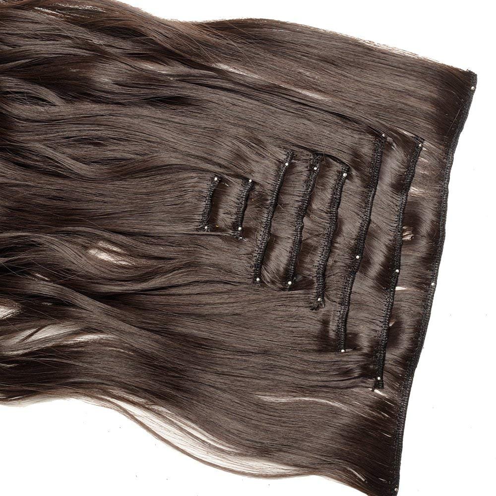 MoonEyes 6-Piece 24-Inch Synthetic Hair Extensions Set - 16 Clip-in High Heat Resistant Curly/Wavy Human Hair Extensions (Brown) for Daily Styling & Special Occasions