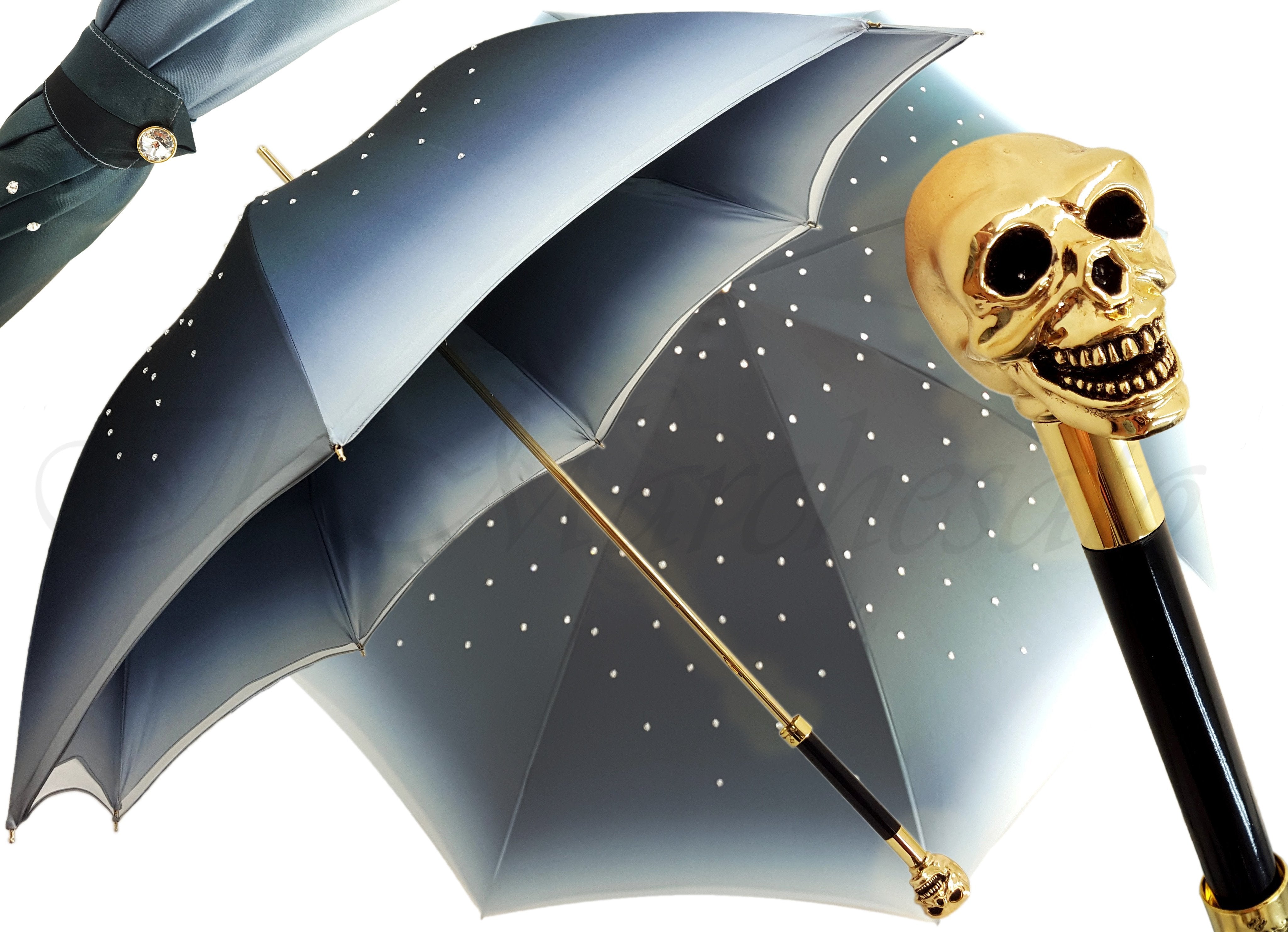 Stylish il Marchesato Gold Skull Umbrella - Fashionable Gothic Rain Protection for Outdoor Events & Halloween Costumes
