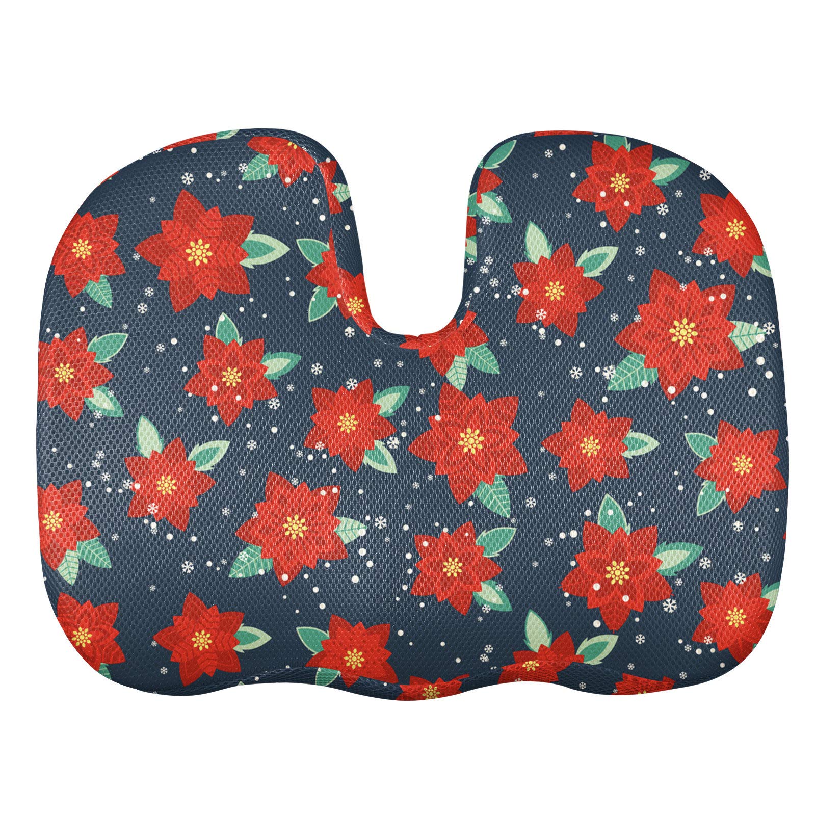 JoyLamoria Christmas Flower Printed Seat Cushion - Office Chair & Wheelchair Memory Foam Pillow with Mesh Fabric for Back Pain Relief - Perfect for Home, Office, and Car Use