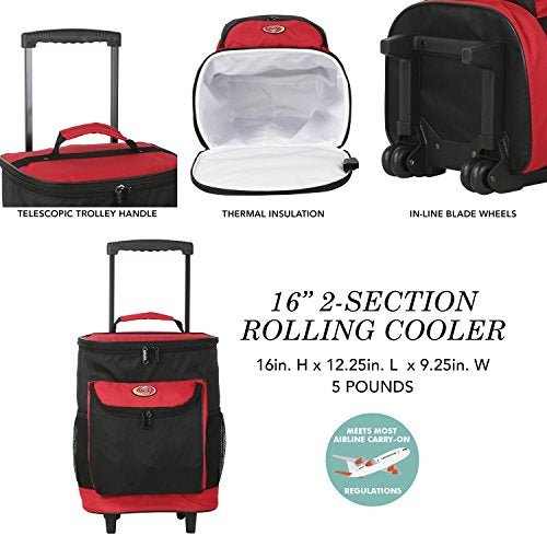 16 Quart Insulated Rolling Cooler with 2 Compartments - Red | Portable for Picnics, Beach, Camping & Tailgating