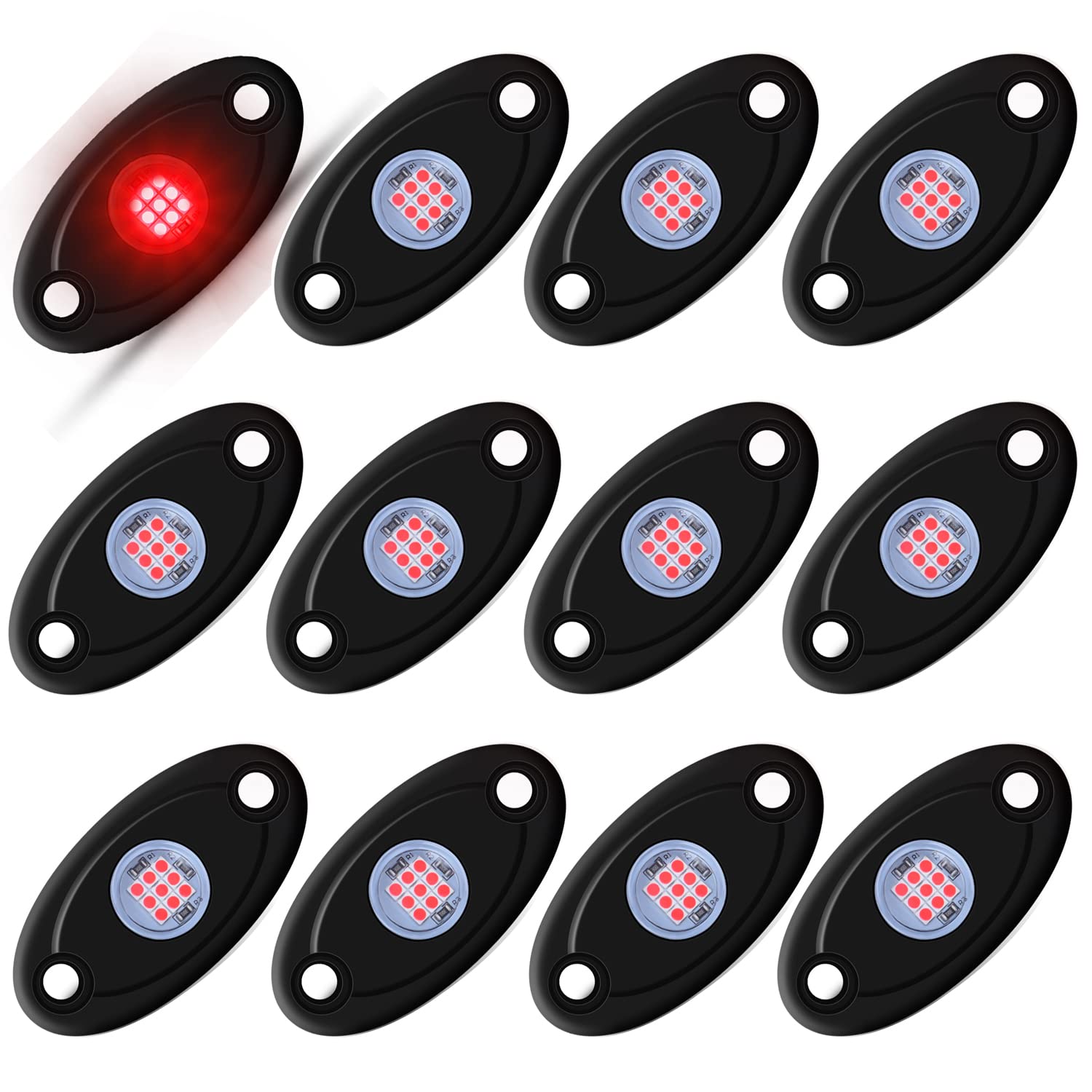 12 Pack Red LED Rock Lights Neon Underglow Kit for Cars, Trucks, ATVs & SUVs - Waterproof Underbody Glow Lighting for Off-Road, Car Shows & Night Driving