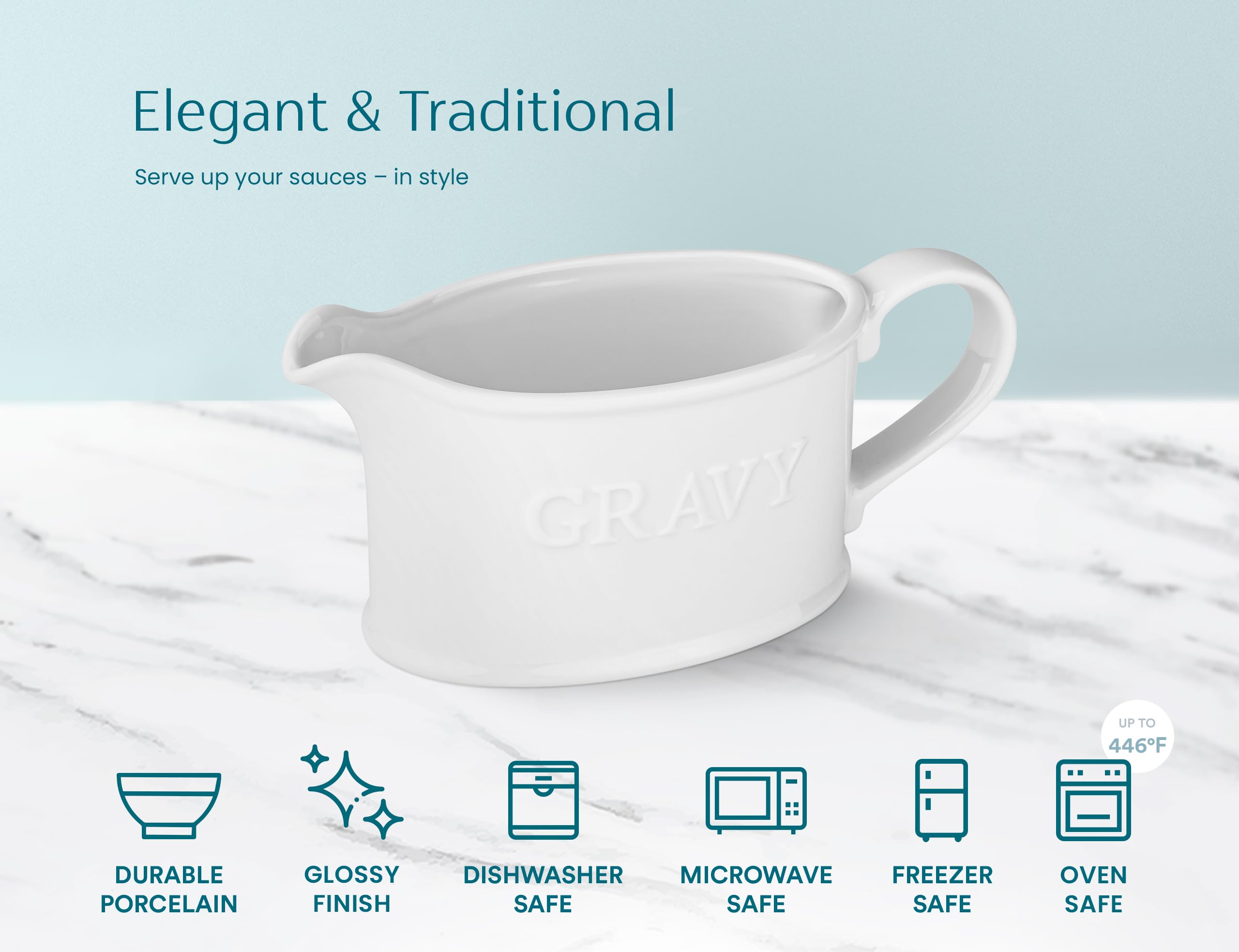 Kook Ceramic Gravy Boat with Large Handle - 18 oz White Porcelain Sauce Dispenser for Dressings, Creamer & Sauces - Microwave & Dishwasher Safe - Perfect for Holiday Dinners, Restaurants & Catering Events