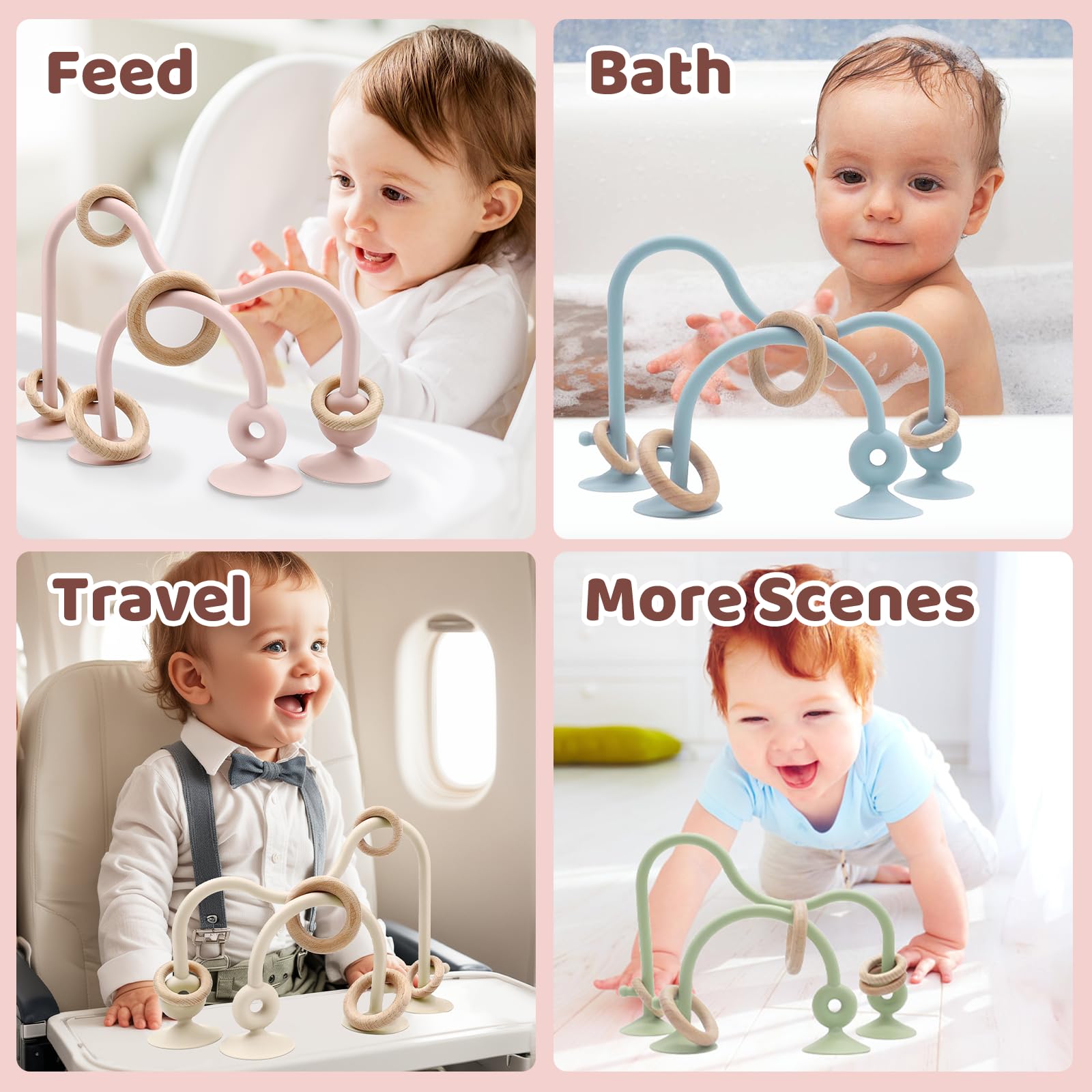 **Baby High Chair Suction Toys - Silicone Teething Chew Toys for Infants 6-12-18 Months, BPA-Free Food Grade Safe, Beige & Pink - Perfect for Dining, Travel & Playtime**