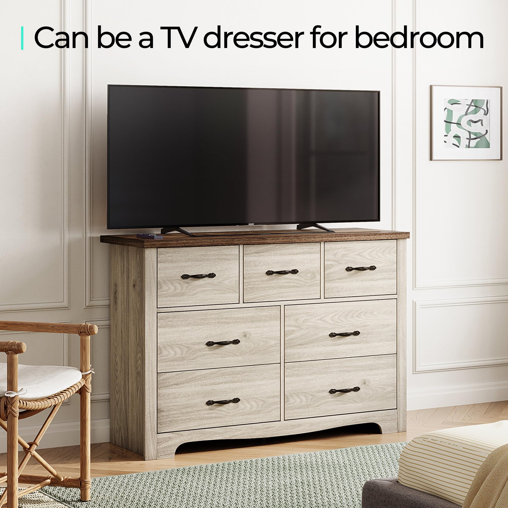 LINSY HOME 7-Drawer Double Dresser - SGS Certified Solid Wood Bedroom Dresser with Wide Drawers, Farmhouse Style Storage Chest for Bedroom & Living Room - Perfect for Organizing Clothes, Linens, and Home Decor