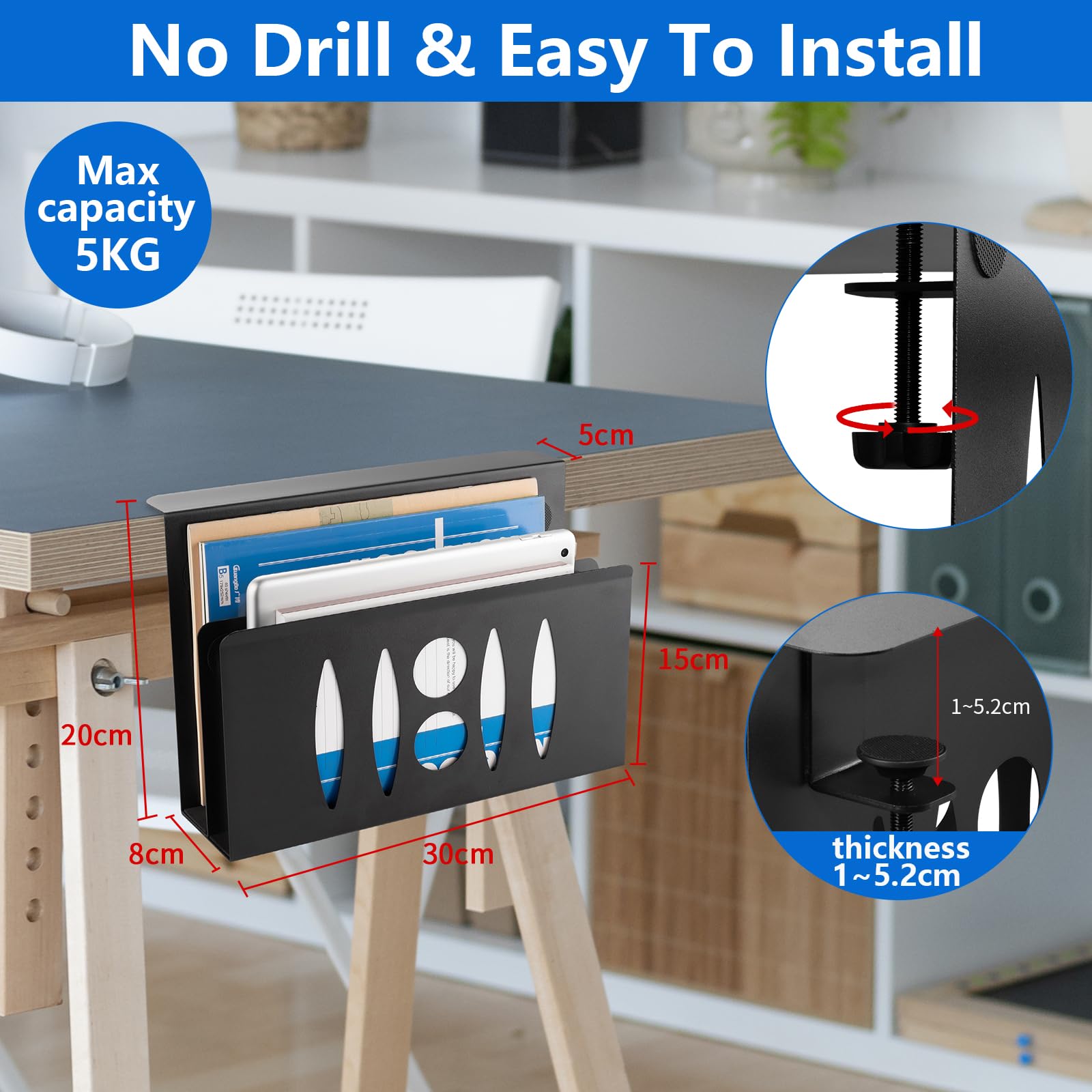 2 Tier Under Desk Storage Organizer - No Drill Steel Hanging Desk Shelf for Laptop & Office Supplies | Space Saving Desk Organizer for Home Office & Workspace (Black)