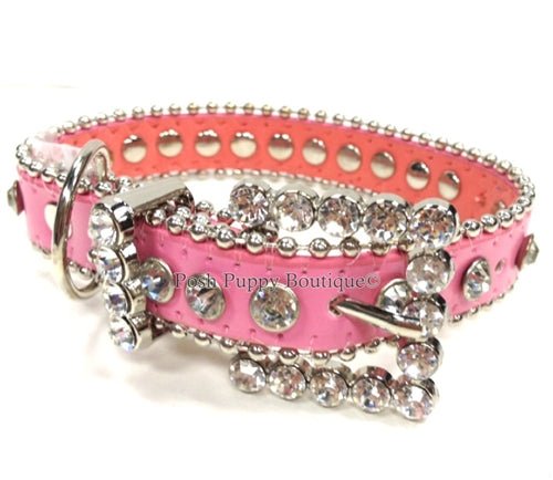 Luxury Pink Leather Dog Collar with Clear Crystals - Fashionable Pet Accessory for Small & Medium Dogs - Perfect for Weddings, Parties & Daily Walks