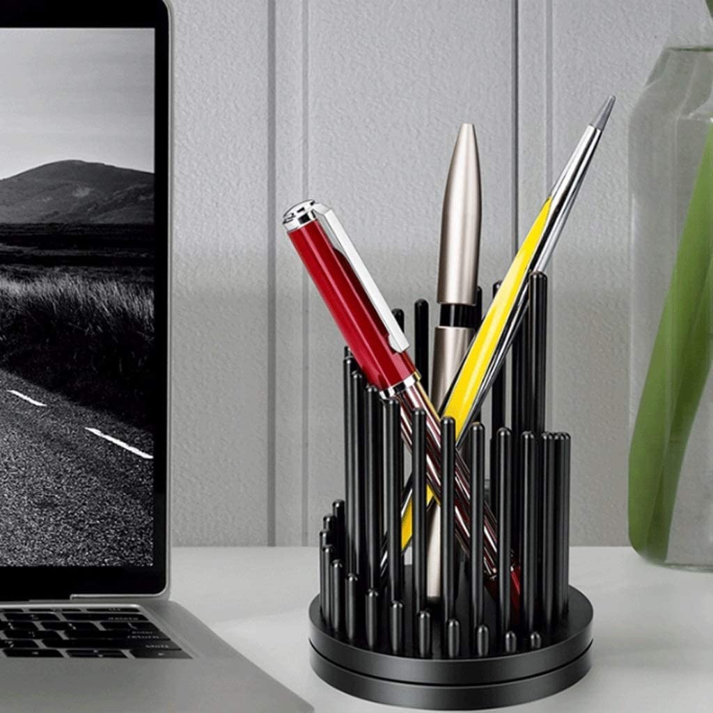 Rotating Desk Pen Holder - Metal Makeup Brush Organizer with Quick-Spin Design, Black Office Stationery for Stress Relief | Perfect for Home Office, Makeup Vanity & School Supplies Organization