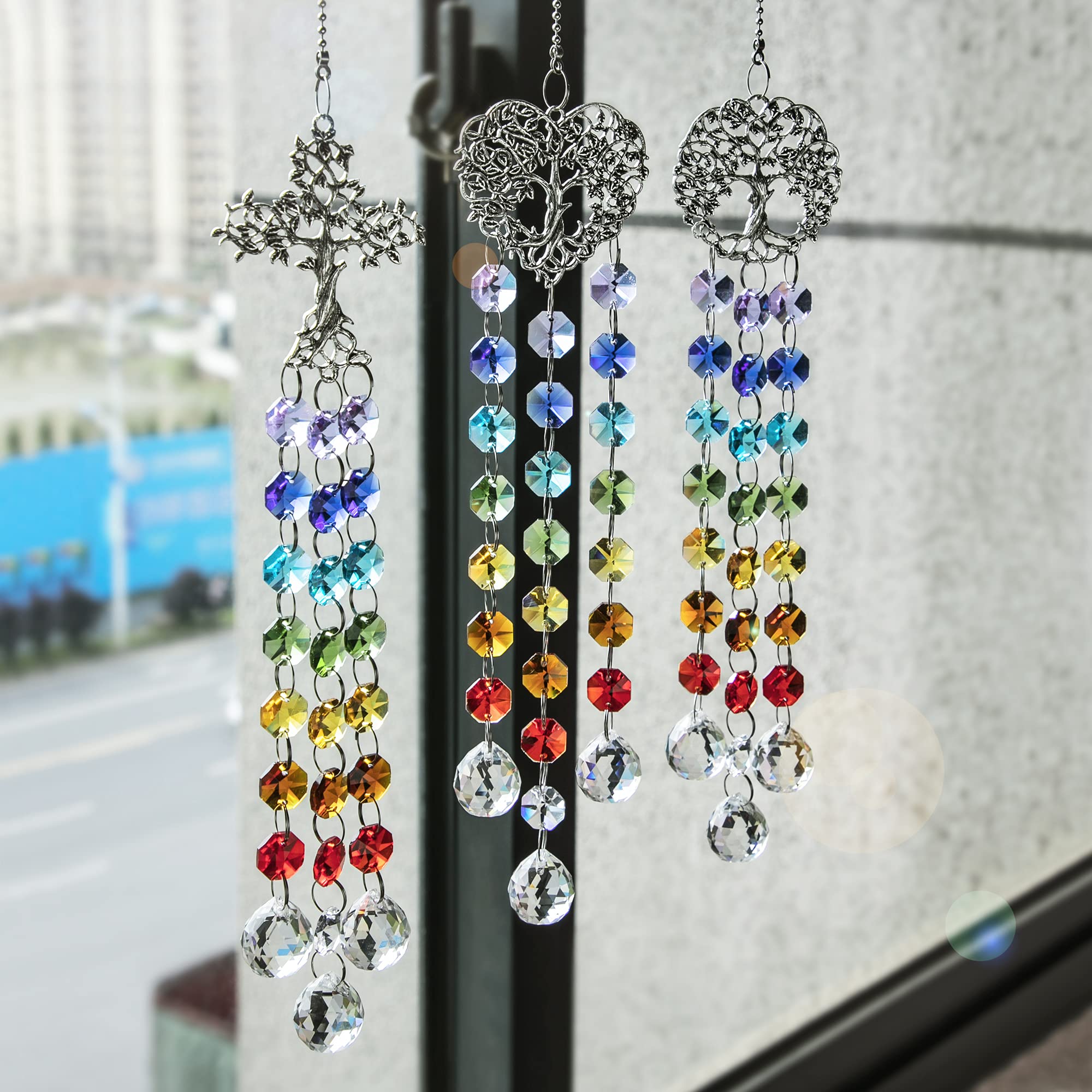 3-Pack Window Hanging Crystal Prism Suncatchers - Tree of Life Design, Rainbow Maker Pendant for Home Decor | Creates Beautiful Rainbows in Living Room, Bedroom & Nursery