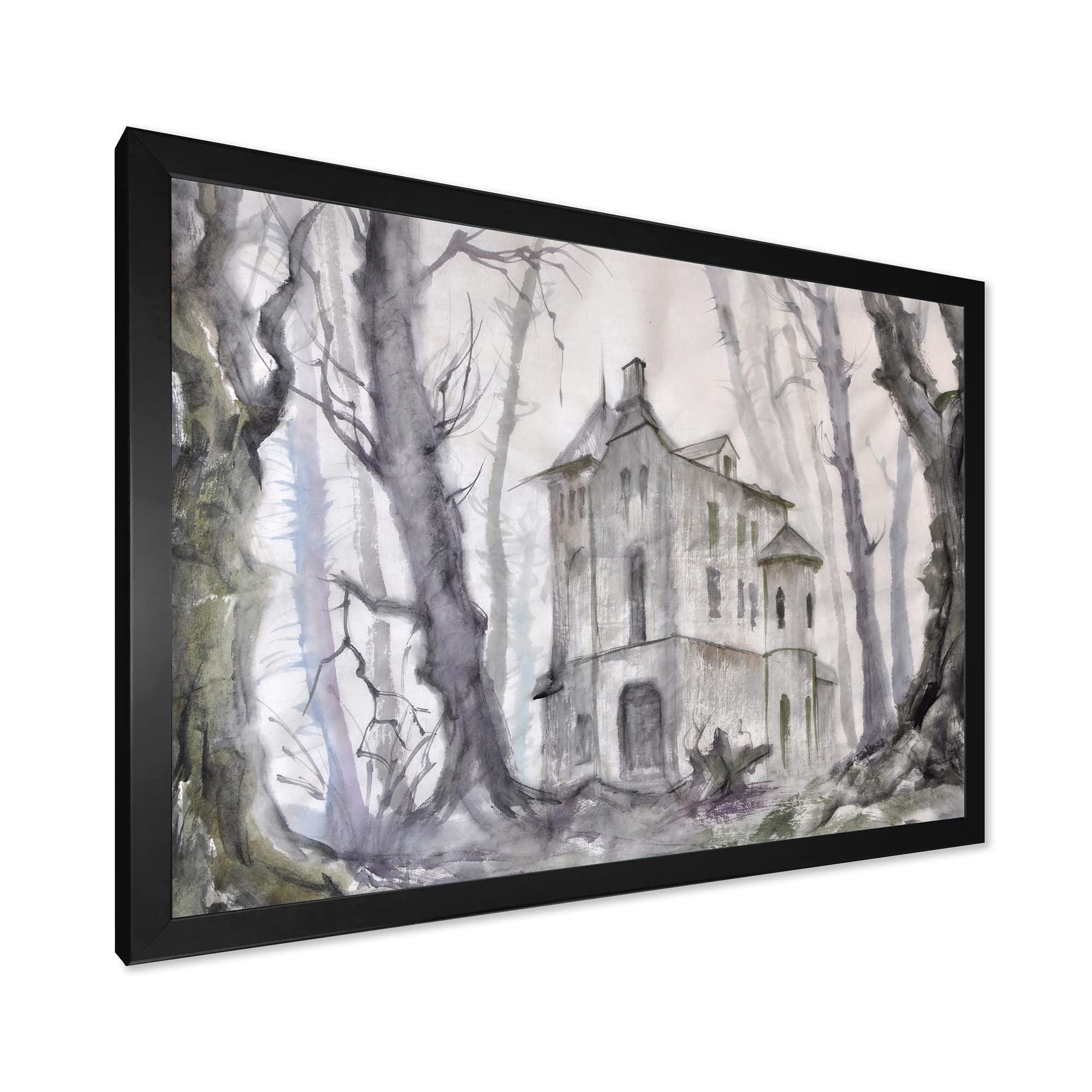 Haunted Castle in the Woods Gothic Wall Art - Traditional Framed Canvas Painting for Halloween Decor, Living Room & Bedroom Wall Decor