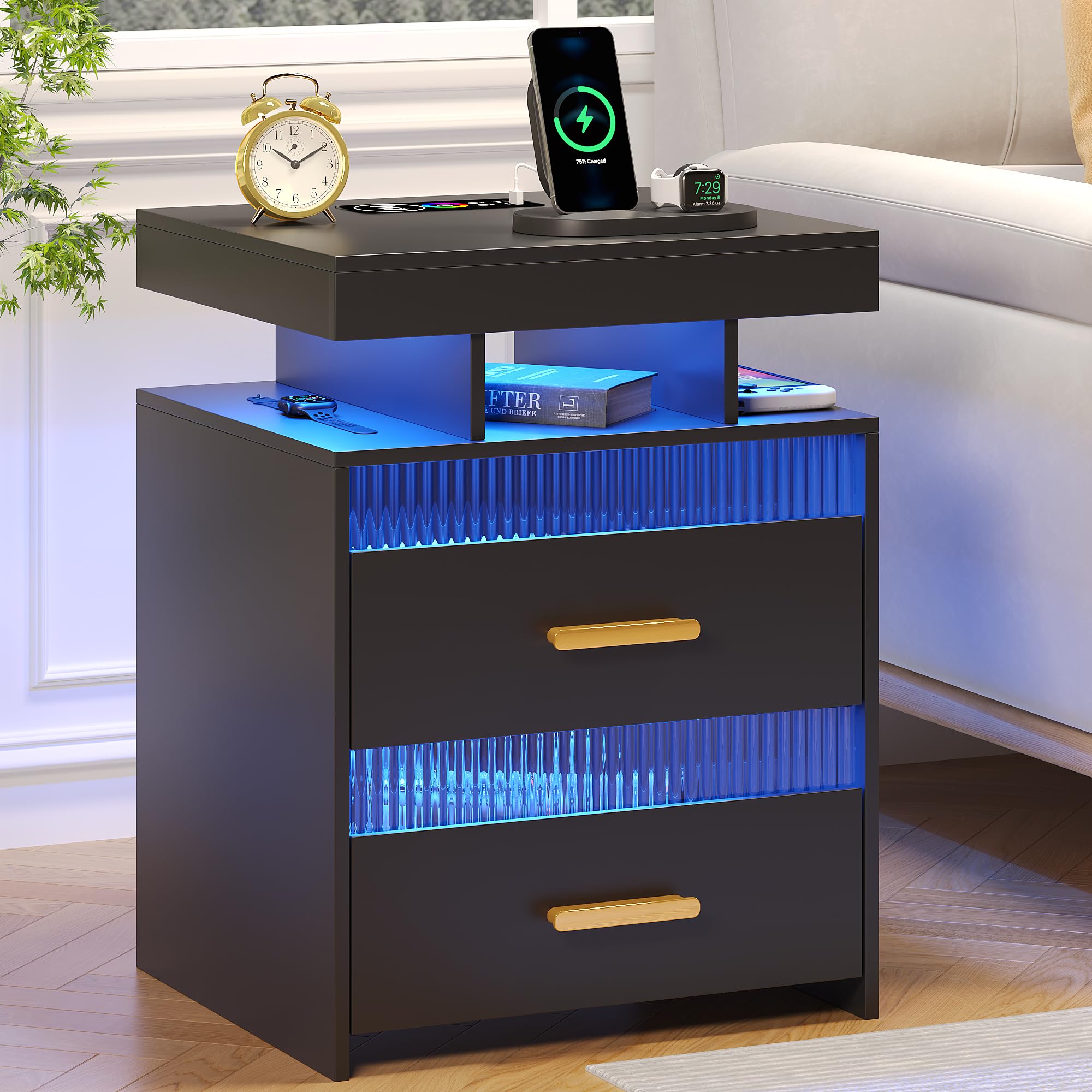 Black Nightstand with RGB LED Lights & USB Charging Station, Human Sensor LED Drawer Lights, Modern End Table for Bedroom, Living Room, Office - Perfect for Small Spaces and Studio Apartments
