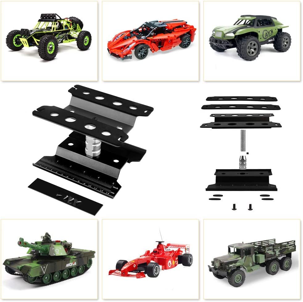 Adjustable Aluminum Alloy RC Car Repair Stand with Screw Tray - Universal Workstation for 1/8 1/10 1/12 Scale RC Cars, Trucks, Buggies & Crawlers (Black) - Perfect for RC Maintenance, Upgrades & Repairs in Garage or Workshop