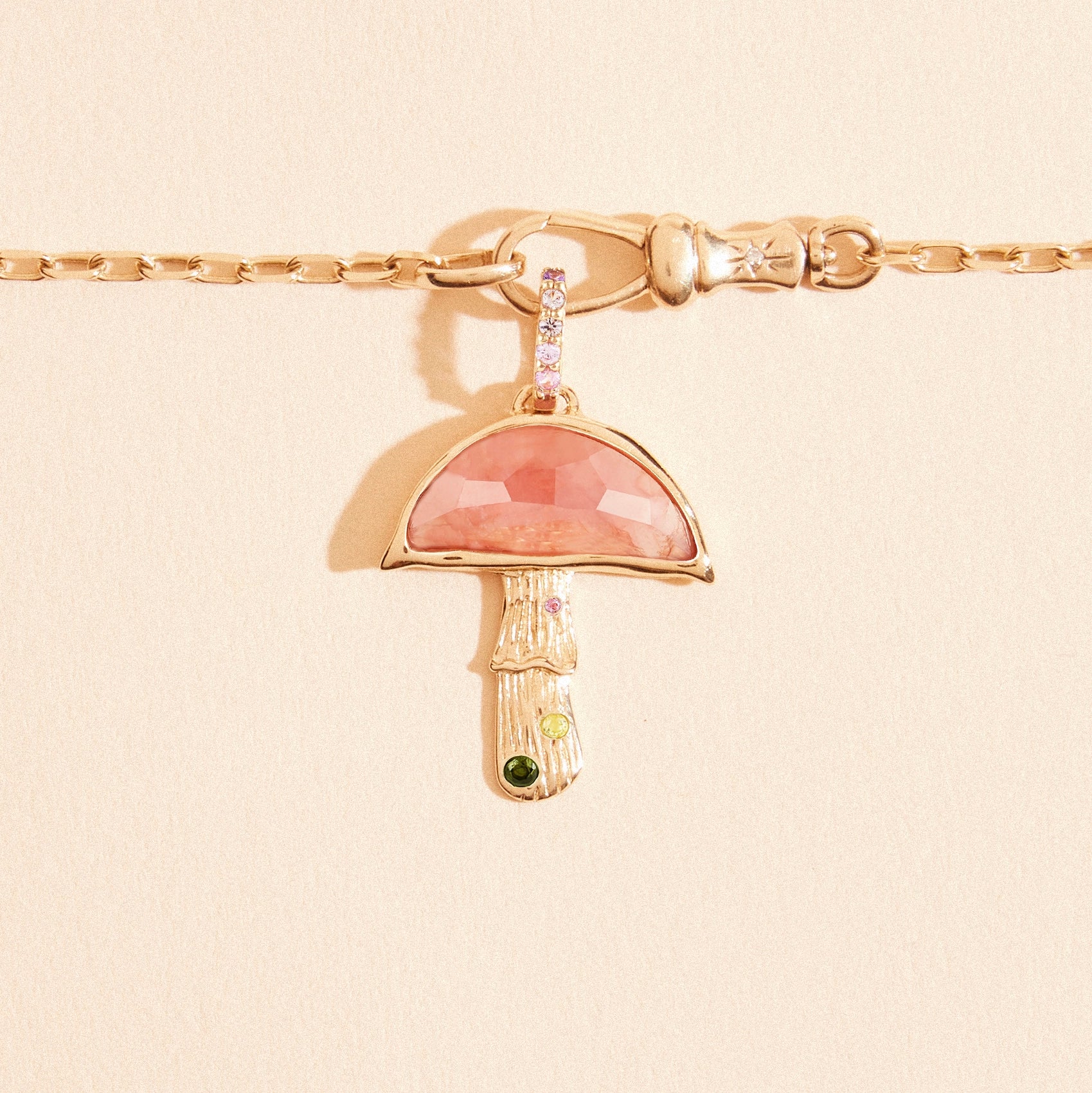 10K Yellow Gold Rhodochrosite Mushroom Charm Pendant - First Blush Collection - Perfect for Necklaces, Bracelets & Boho Jewelry Making
