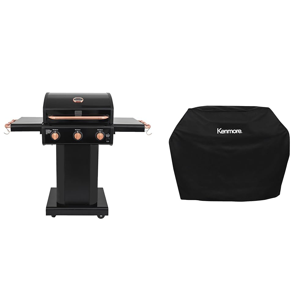 Kenmore 3-Burner 30,000 BTU Gas Grill with 512 sq in Cooking Surface, Foldable Side Tables, Cast Iron Grates & Warming Rack - Perfect for Backyard BBQs, Tailgating & Outdoor Cooking - Includes Durable Grill Cover