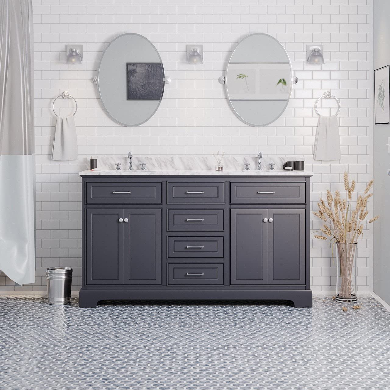 Aria 60-inch Double Bathroom Vanity with Carrara Marble Top & Gray Cabinet - White Ceramic Sinks | Modern Bathroom Storage for Master & Guest Bathrooms | Durable Italian Marble Countertop & Spacious Design