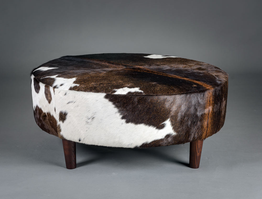 Premium Cowhide Ottoman with Round Wooden Legs - 95x95x40cm - Stylish Footstool & Extra Seating for Living Room, Bedroom or Office